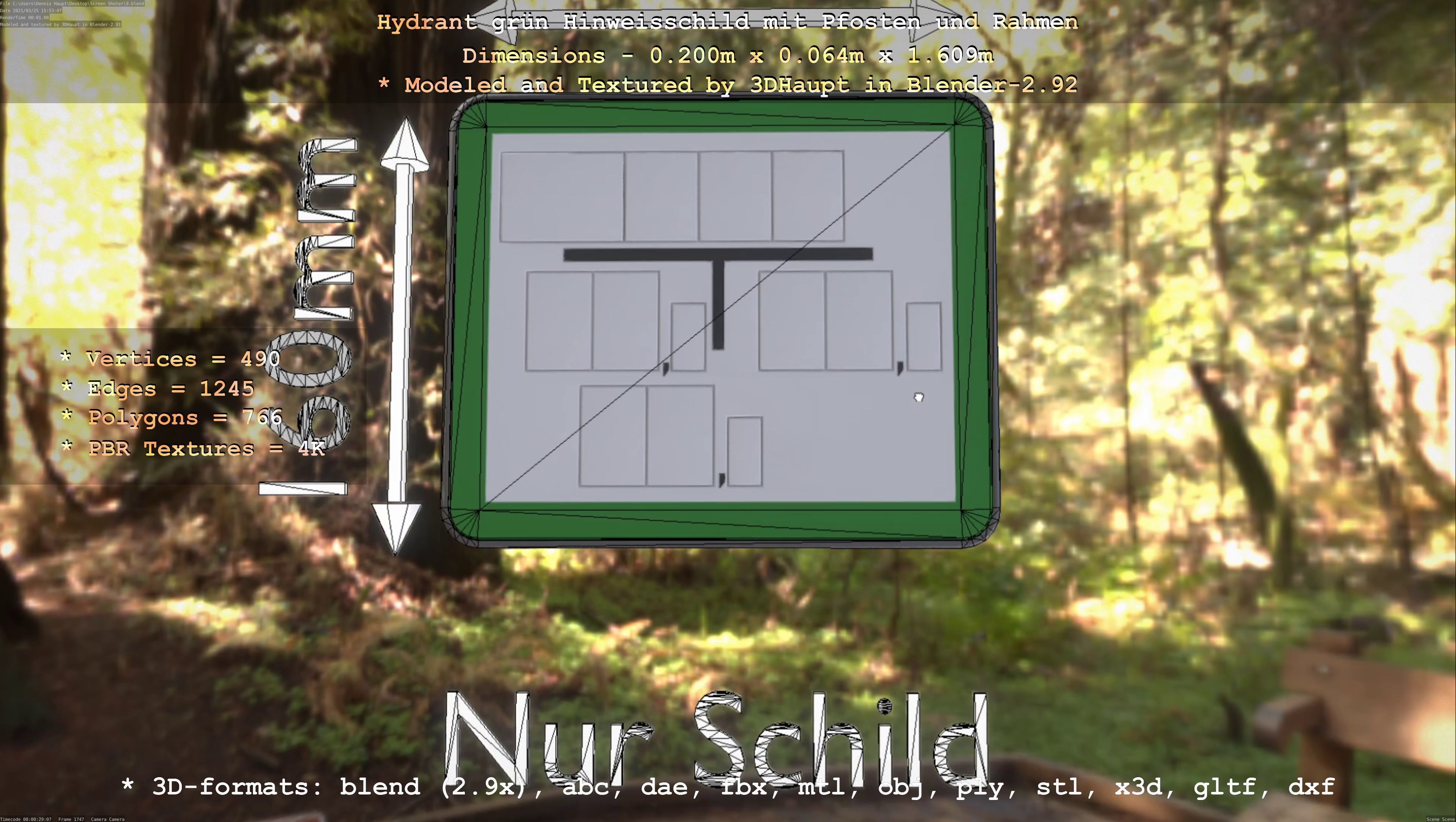 Hinweisschild Hydrant Gruen mit Pfosten und Rahmen Low-poly 3D model_46