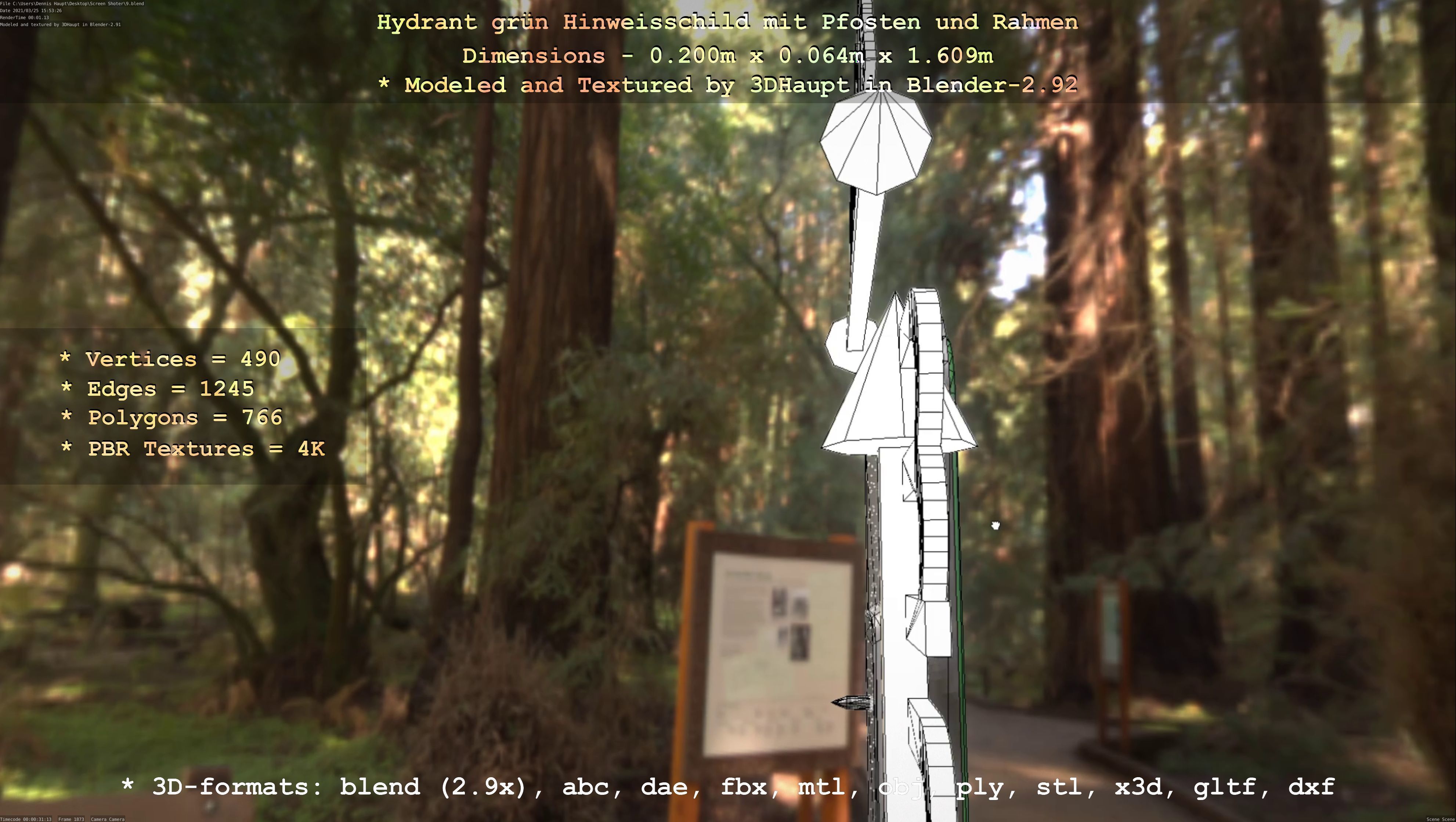 Hinweisschild Hydrant Gruen mit Pfosten und Rahmen Low-poly 3D model_41