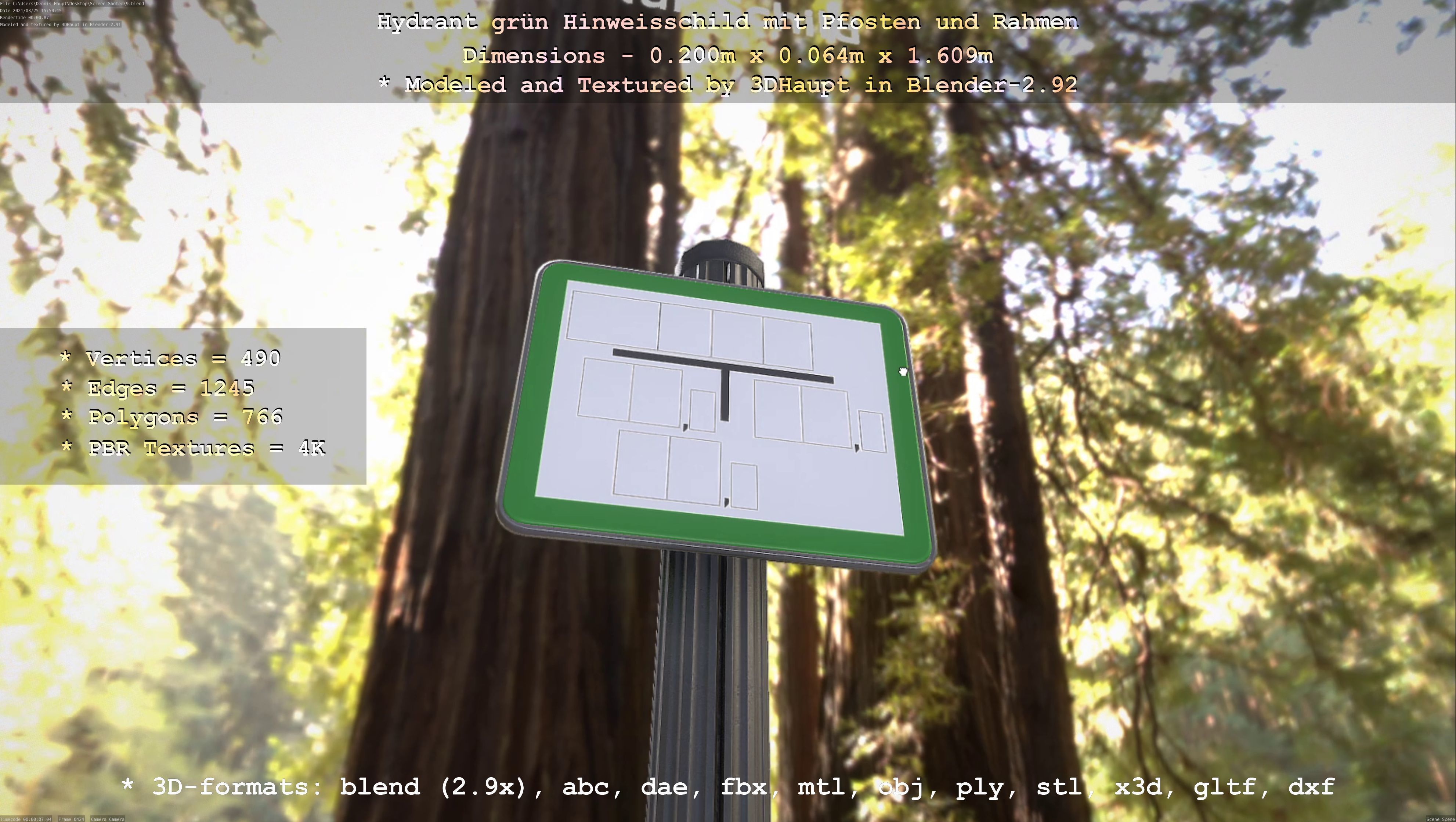 Hinweisschild Hydrant Gruen mit Pfosten und Rahmen Low-poly 3D model_86