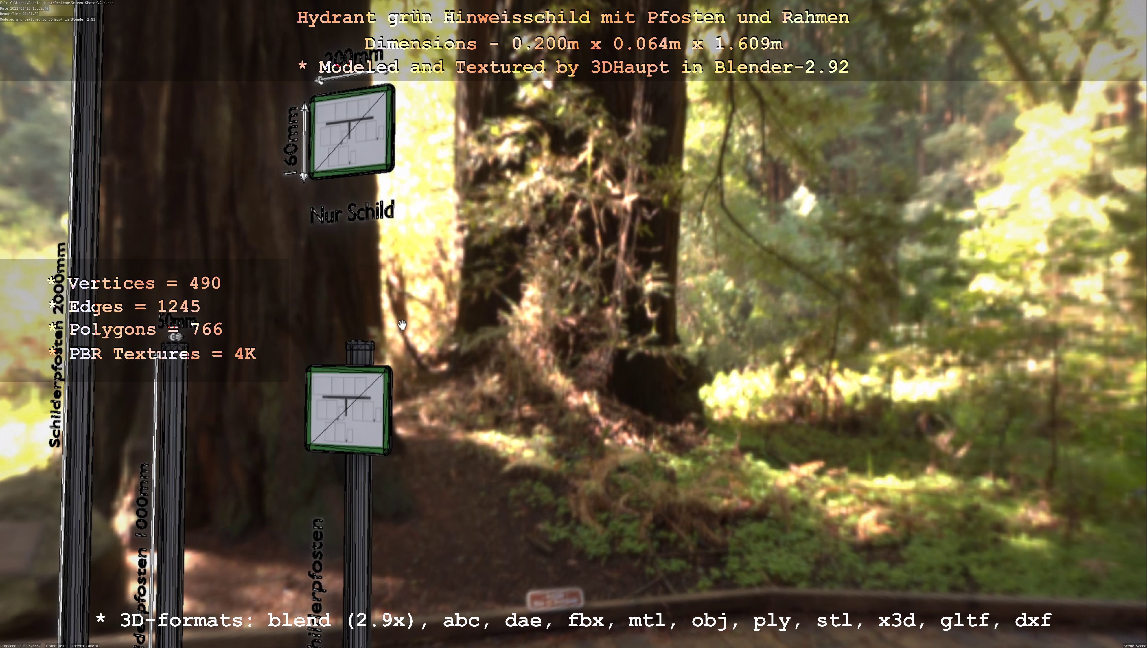 Hinweisschild Hydrant Gruen mit Pfosten und Rahmen Low-poly 3D model_42