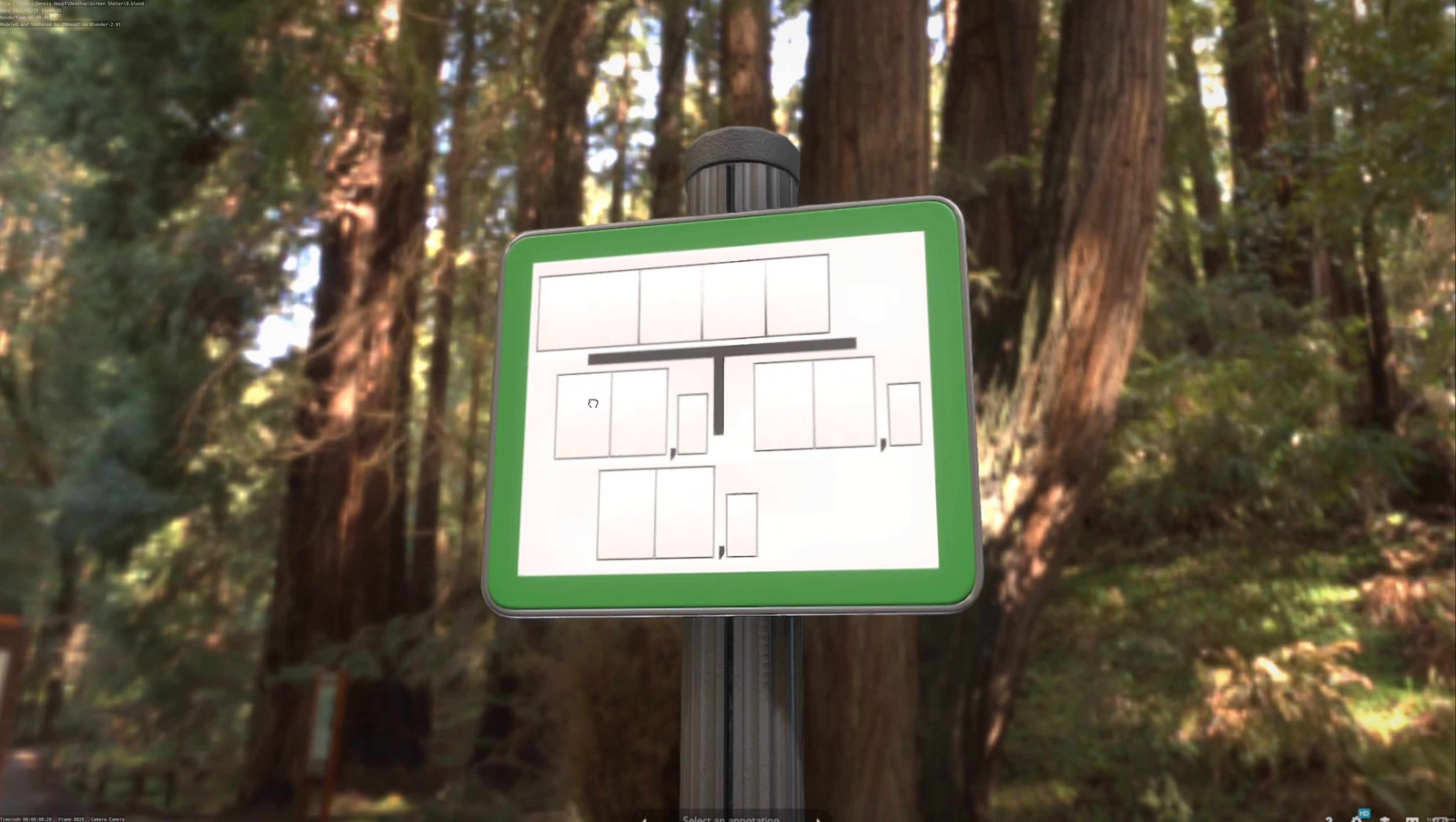 Hinweisschild Hydrant Gruen mit Pfosten und Rahmen Low-poly 3D model_28