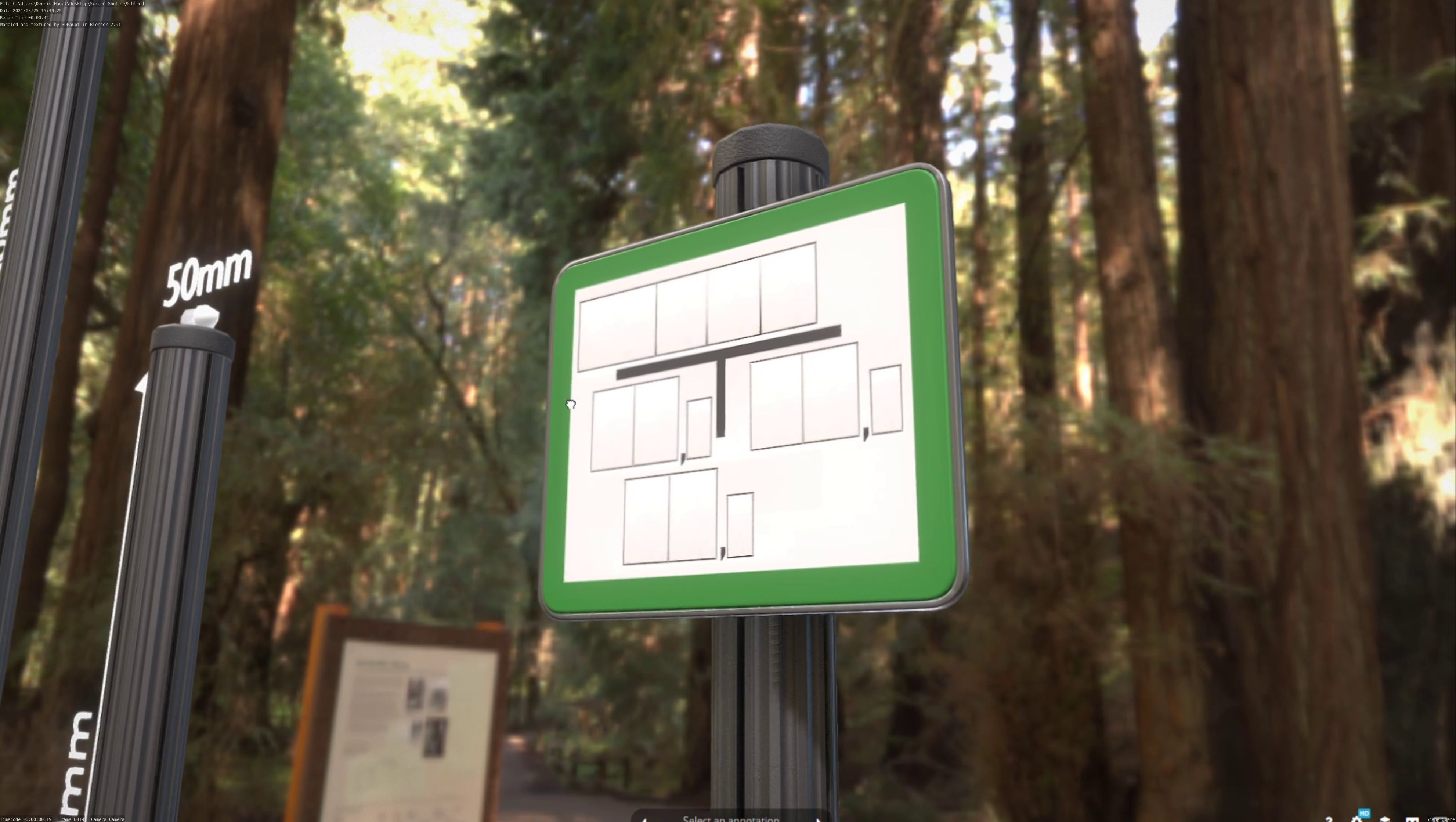 Hinweisschild Hydrant Gruen mit Pfosten und Rahmen Low-poly 3D model_77