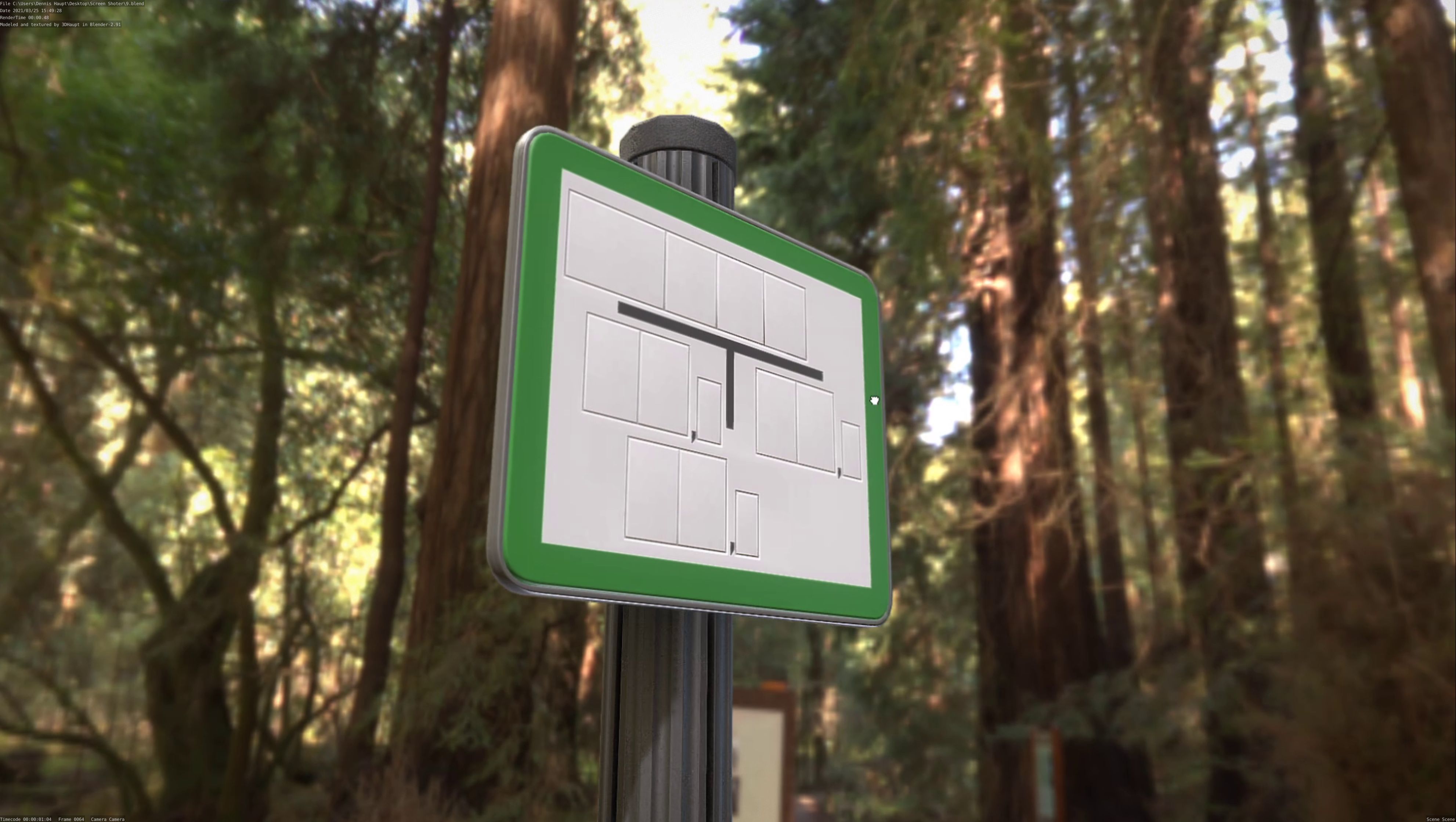 Hinweisschild Hydrant Gruen mit Pfosten und Rahmen Low-poly 3D model_30