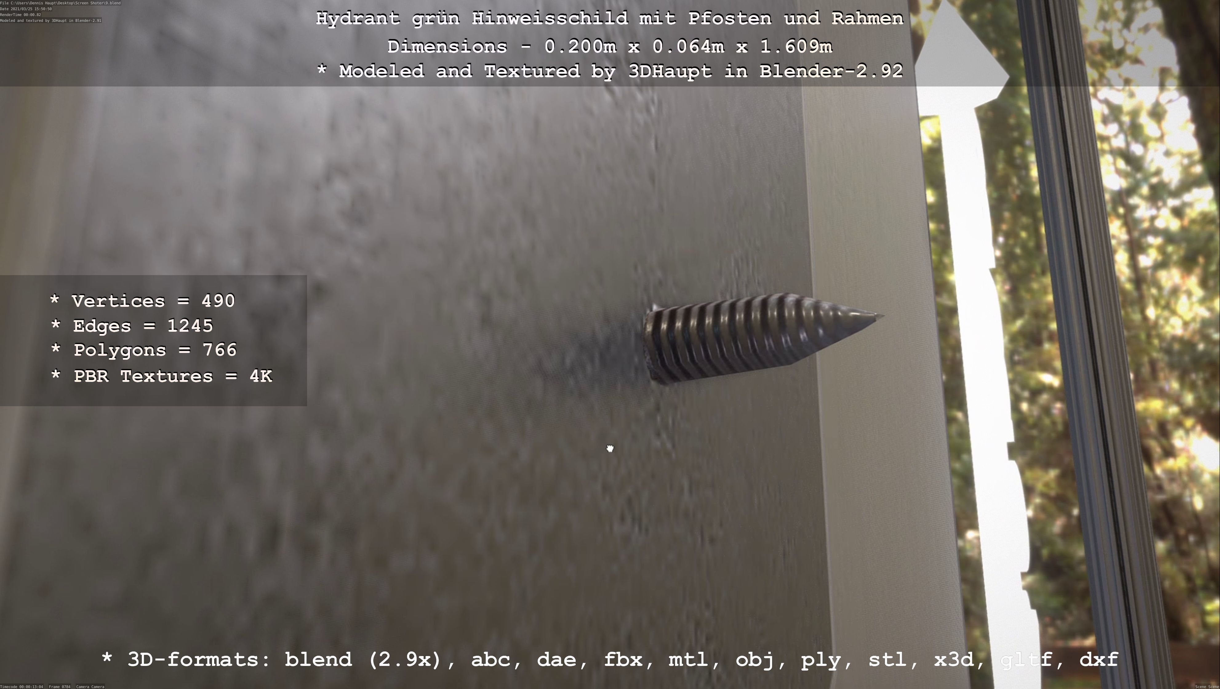 Hinweisschild Hydrant Gruen mit Pfosten und Rahmen Low-poly 3D model_13