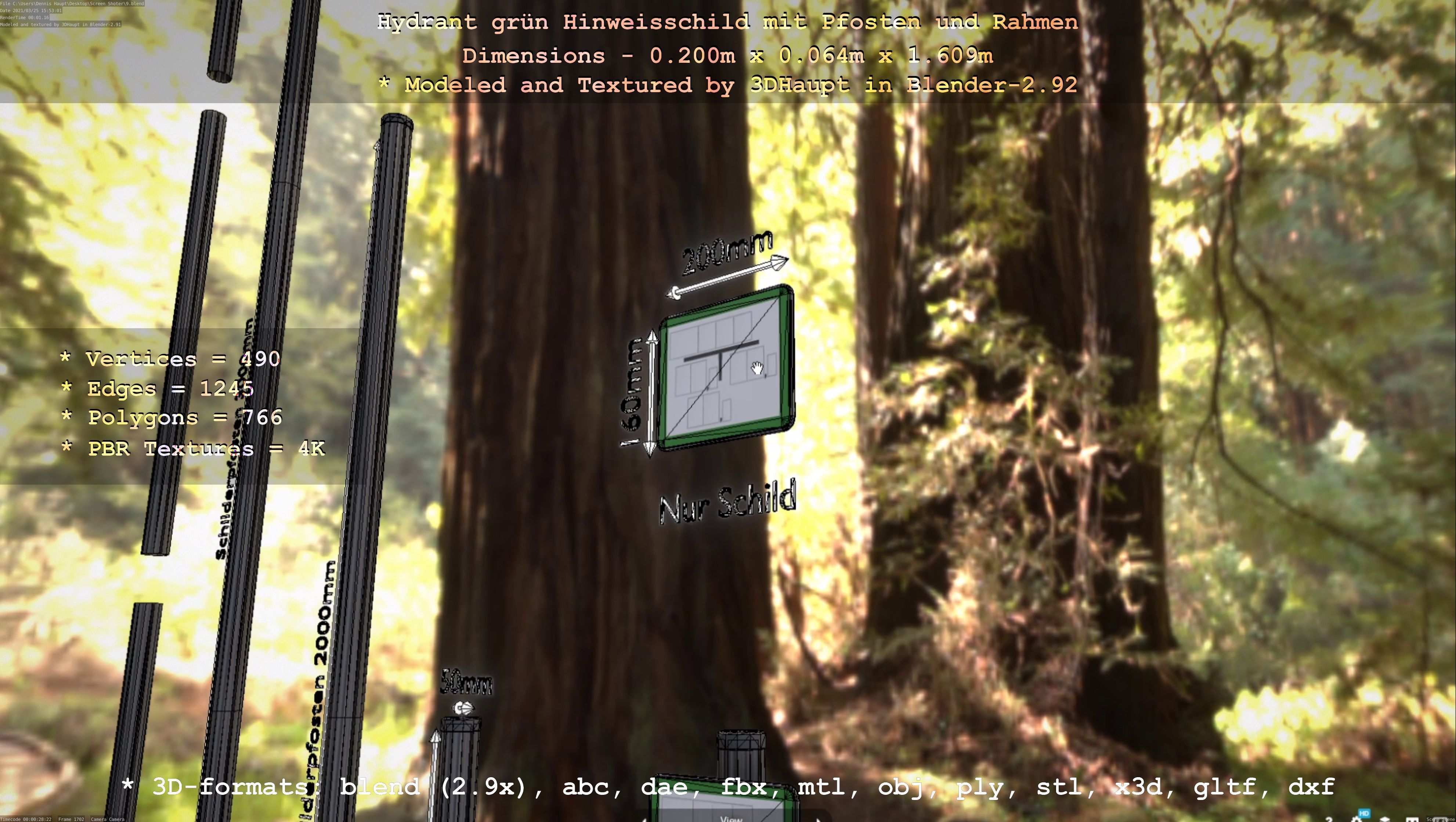 Hinweisschild Hydrant Gruen mit Pfosten und Rahmen Low-poly 3D model_18