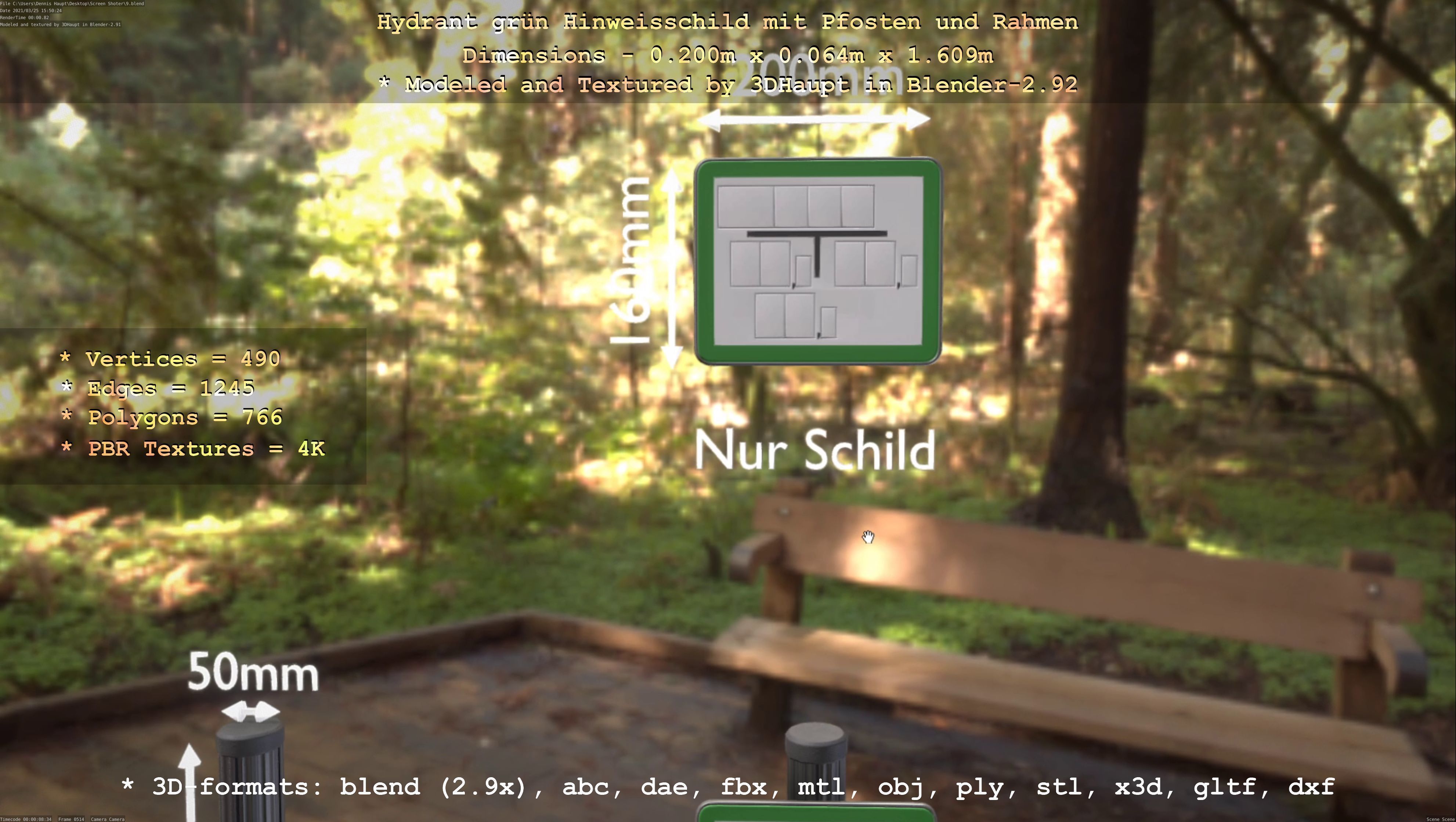 Hinweisschild Hydrant Gruen mit Pfosten und Rahmen Low-poly 3D model_91