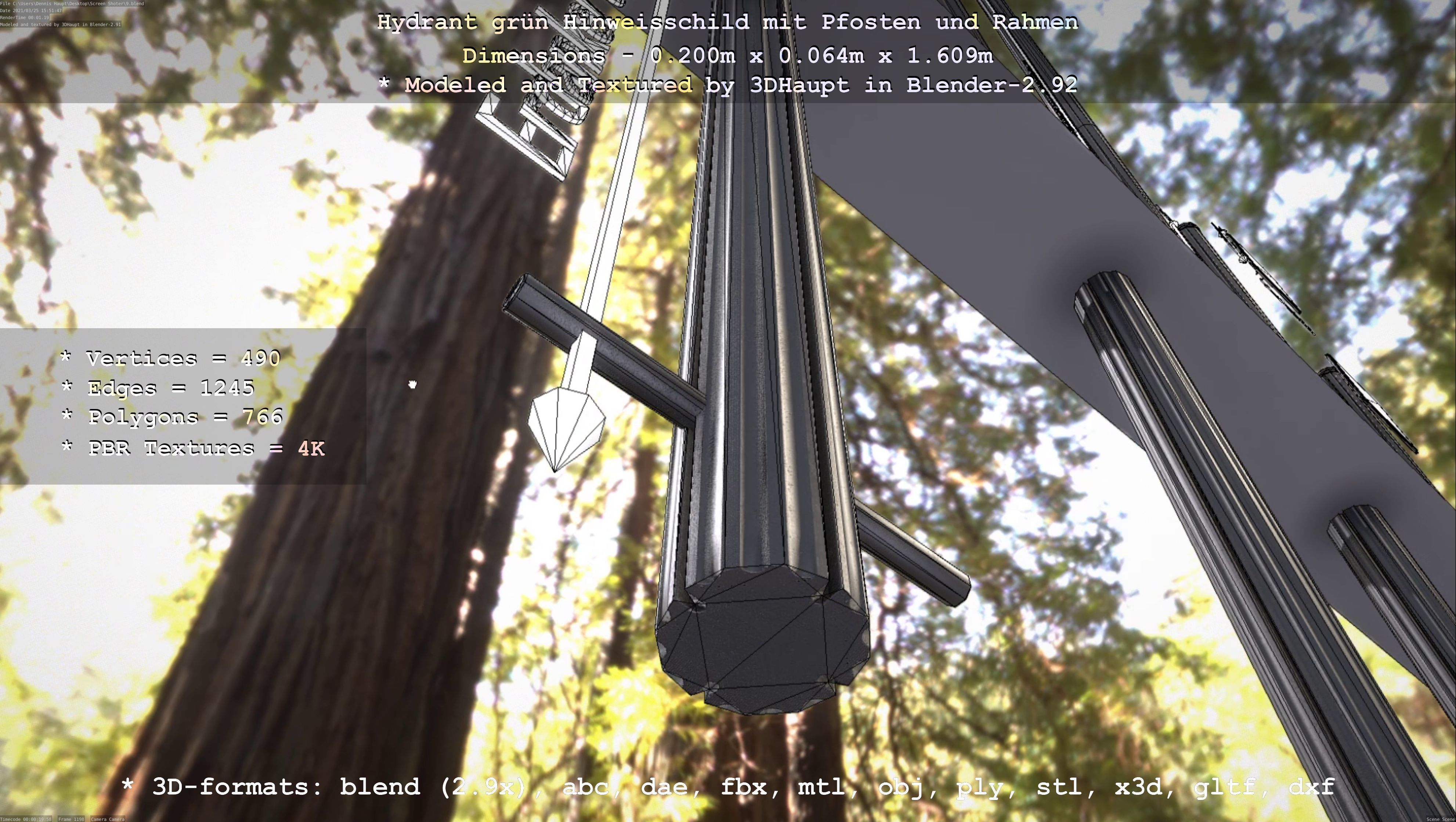 Hinweisschild Hydrant Gruen mit Pfosten und Rahmen Low-poly 3D model_123