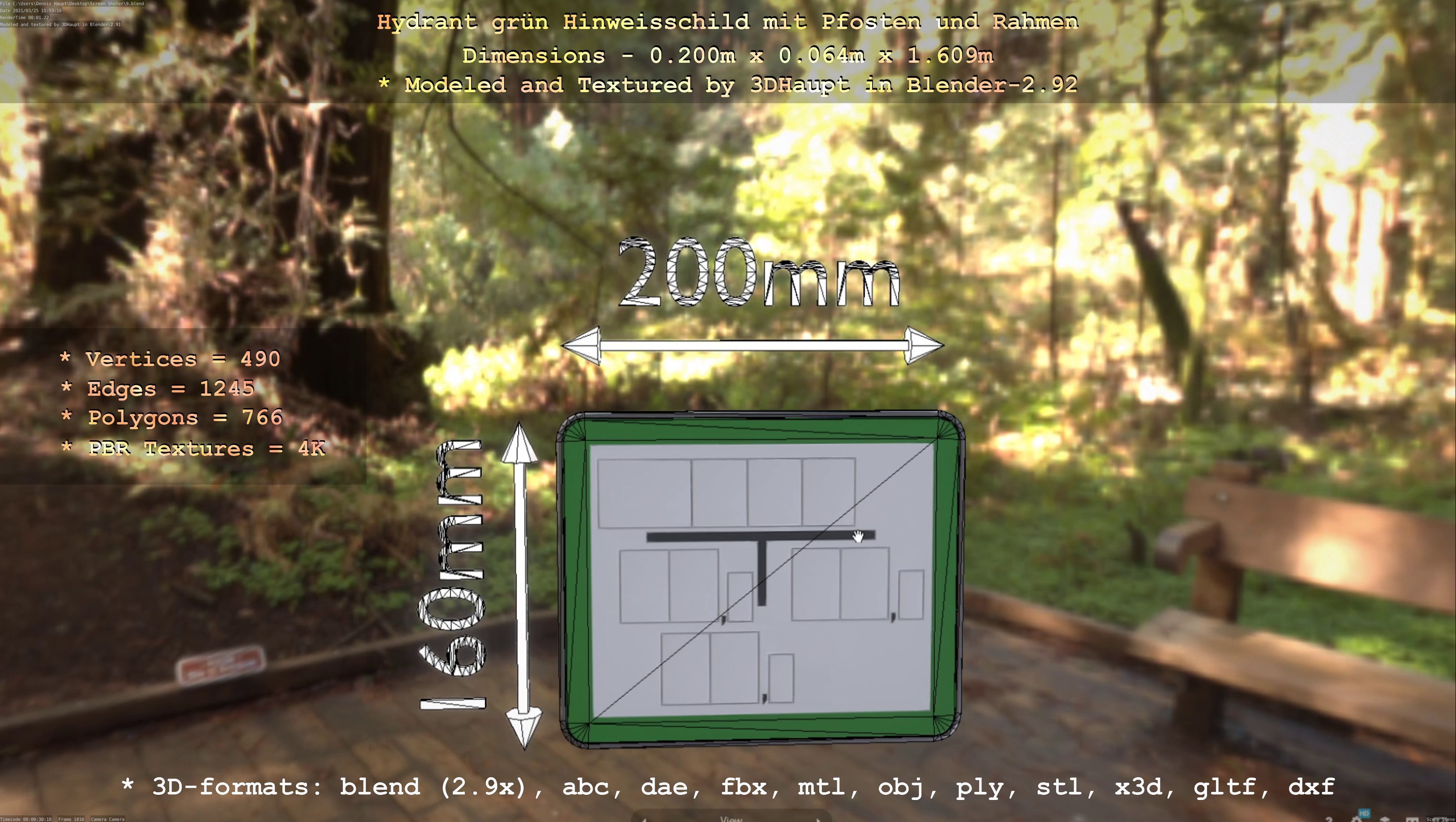 Hinweisschild Hydrant Gruen mit Pfosten und Rahmen Low-poly 3D model_45