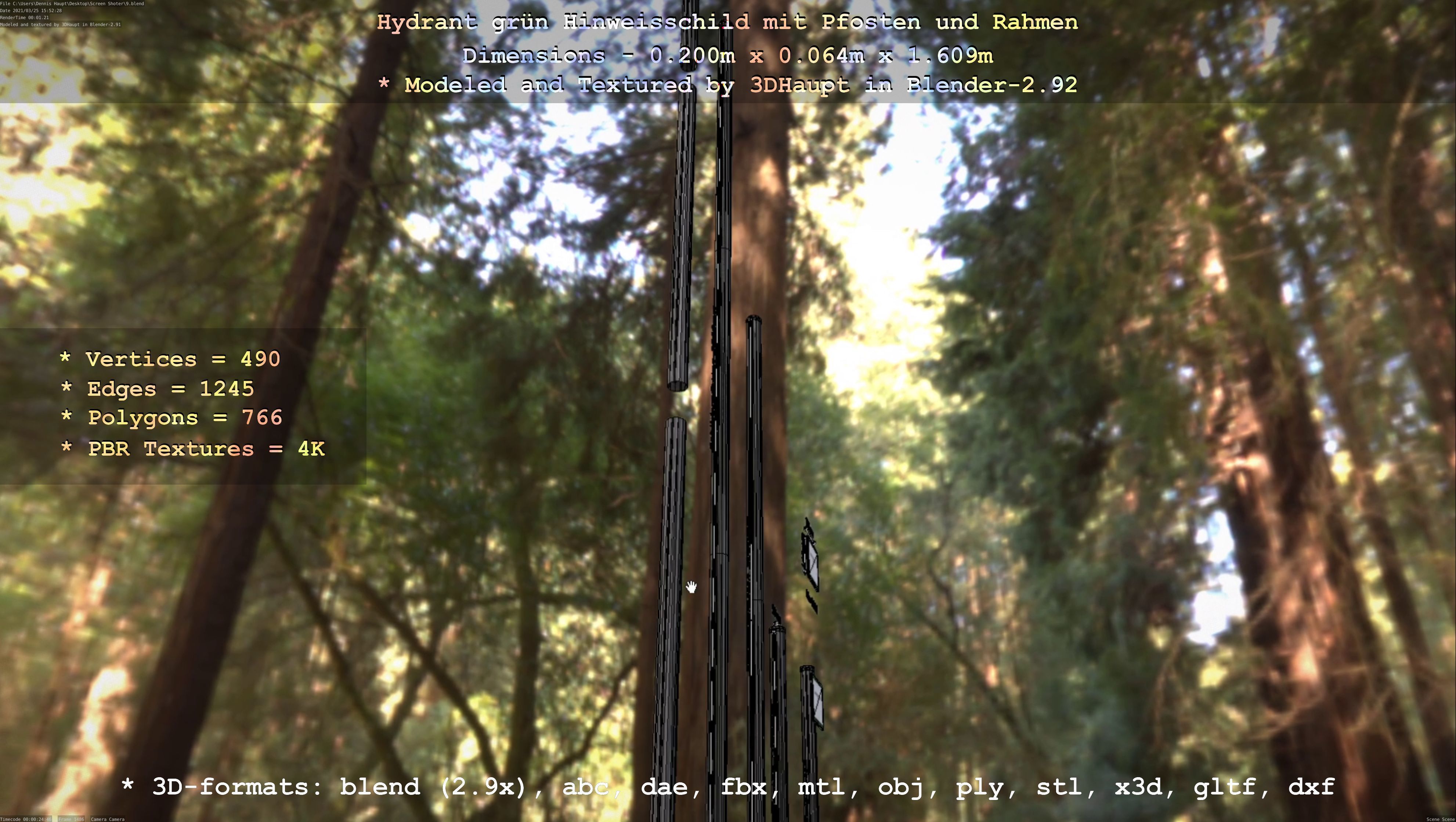 Hinweisschild Hydrant Gruen mit Pfosten und Rahmen Low-poly 3D model_60