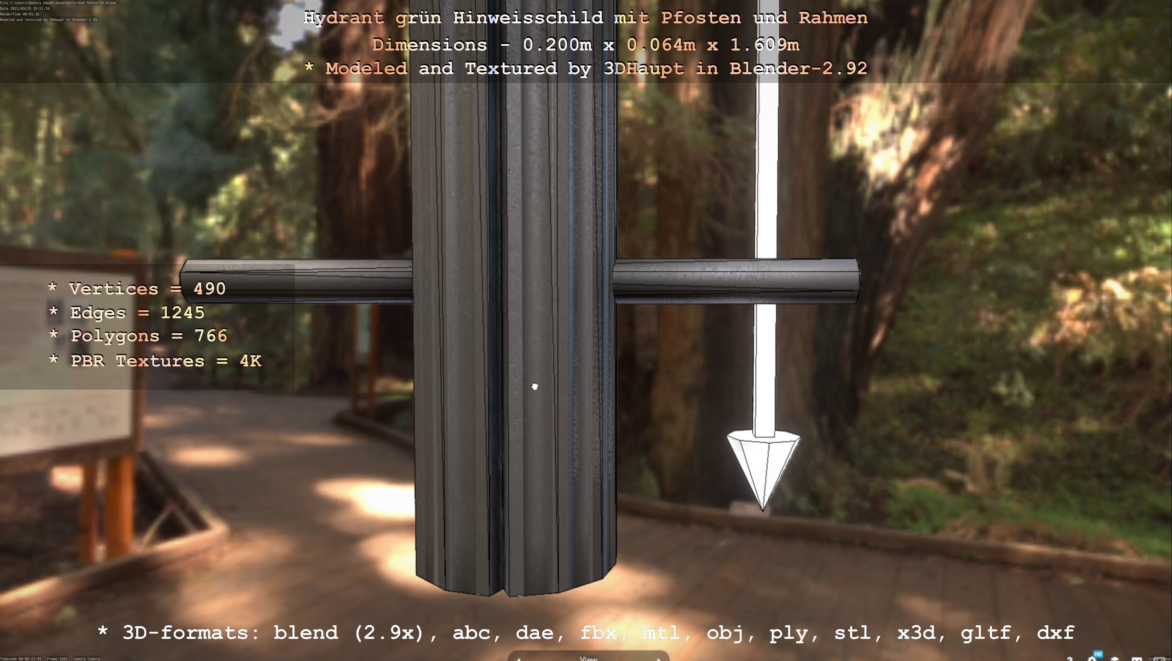 Hinweisschild Hydrant Gruen mit Pfosten und Rahmen Low-poly 3D model_117