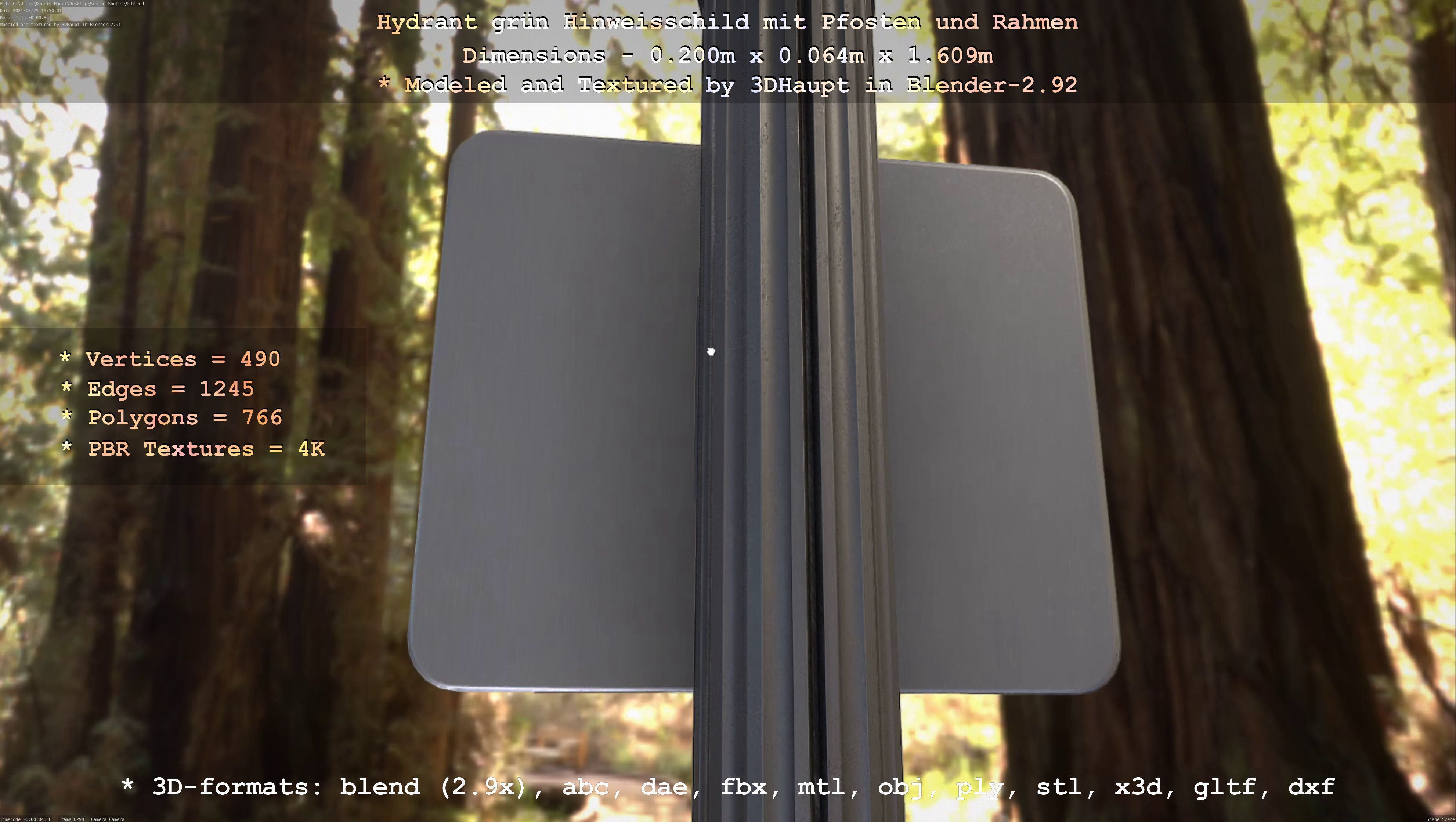 Hinweisschild Hydrant Gruen mit Pfosten und Rahmen Low-poly 3D model_87