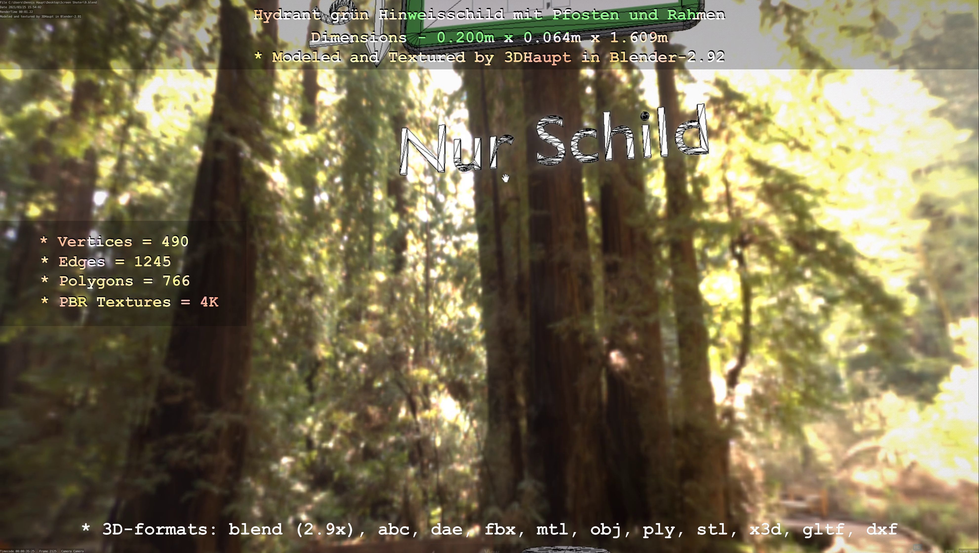 Hinweisschild Hydrant Gruen mit Pfosten und Rahmen Low-poly 3D model_64