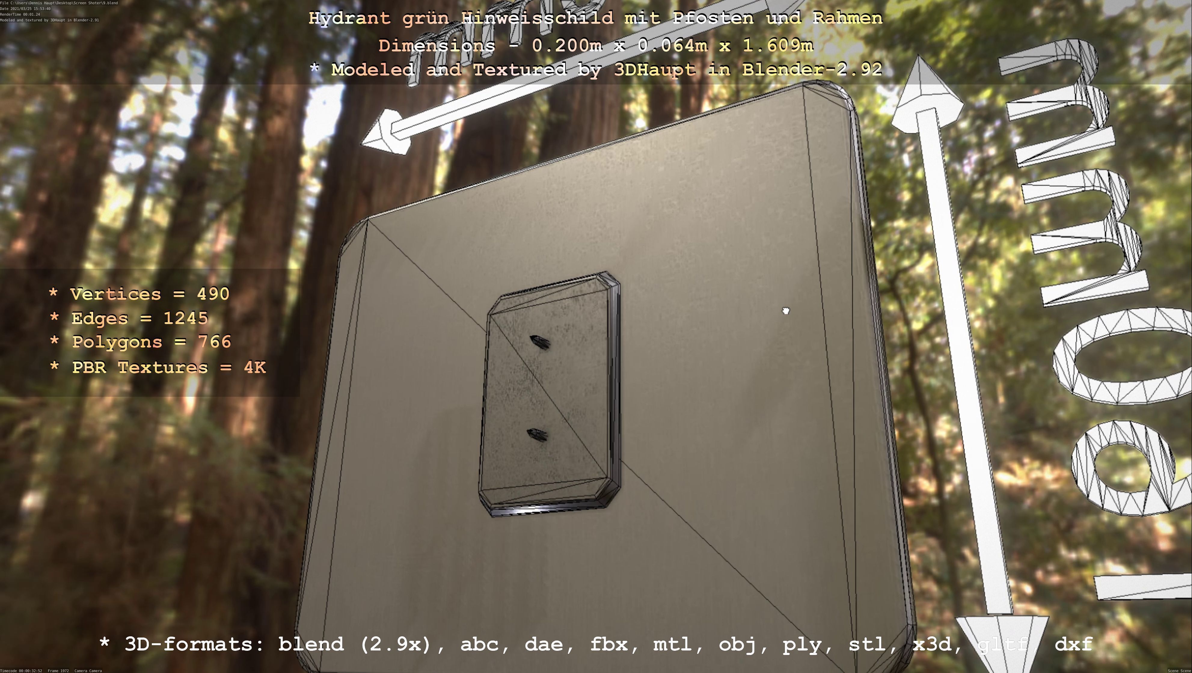 Hinweisschild Hydrant Gruen mit Pfosten und Rahmen Low-poly 3D model_66