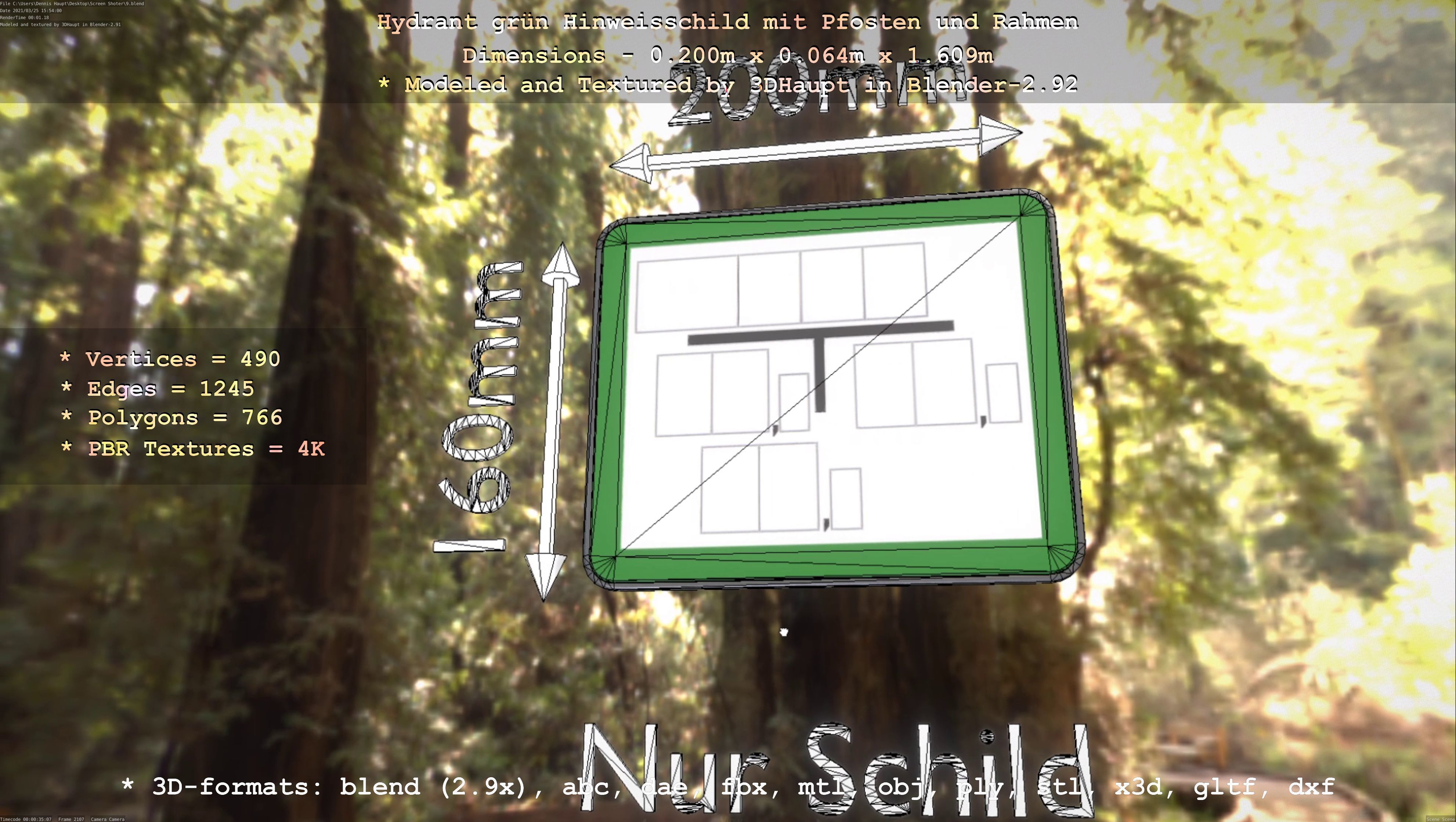 Hinweisschild Hydrant Gruen mit Pfosten und Rahmen Low-poly 3D model_68