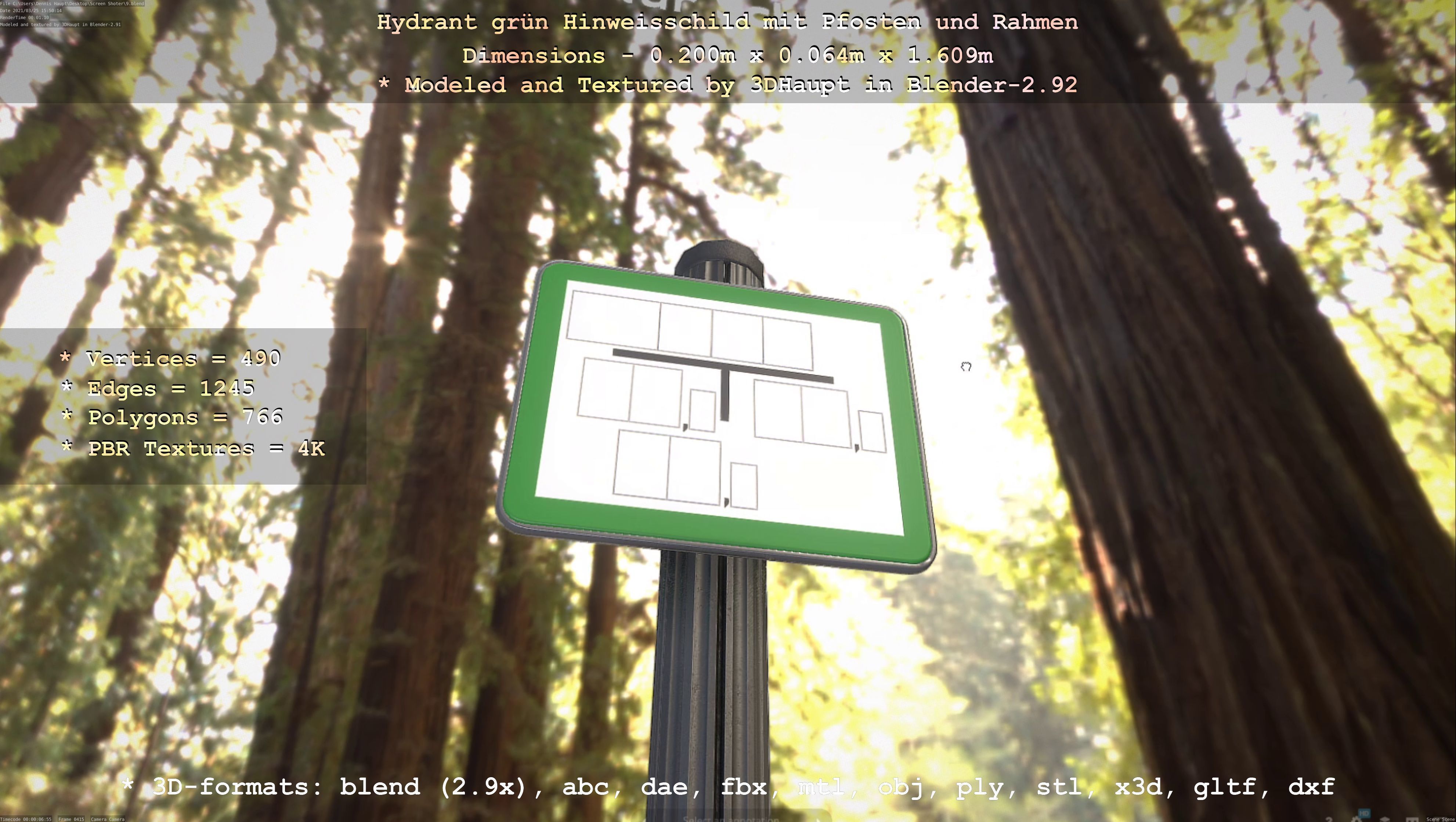 Hinweisschild Hydrant Gruen mit Pfosten und Rahmen Low-poly 3D model_84