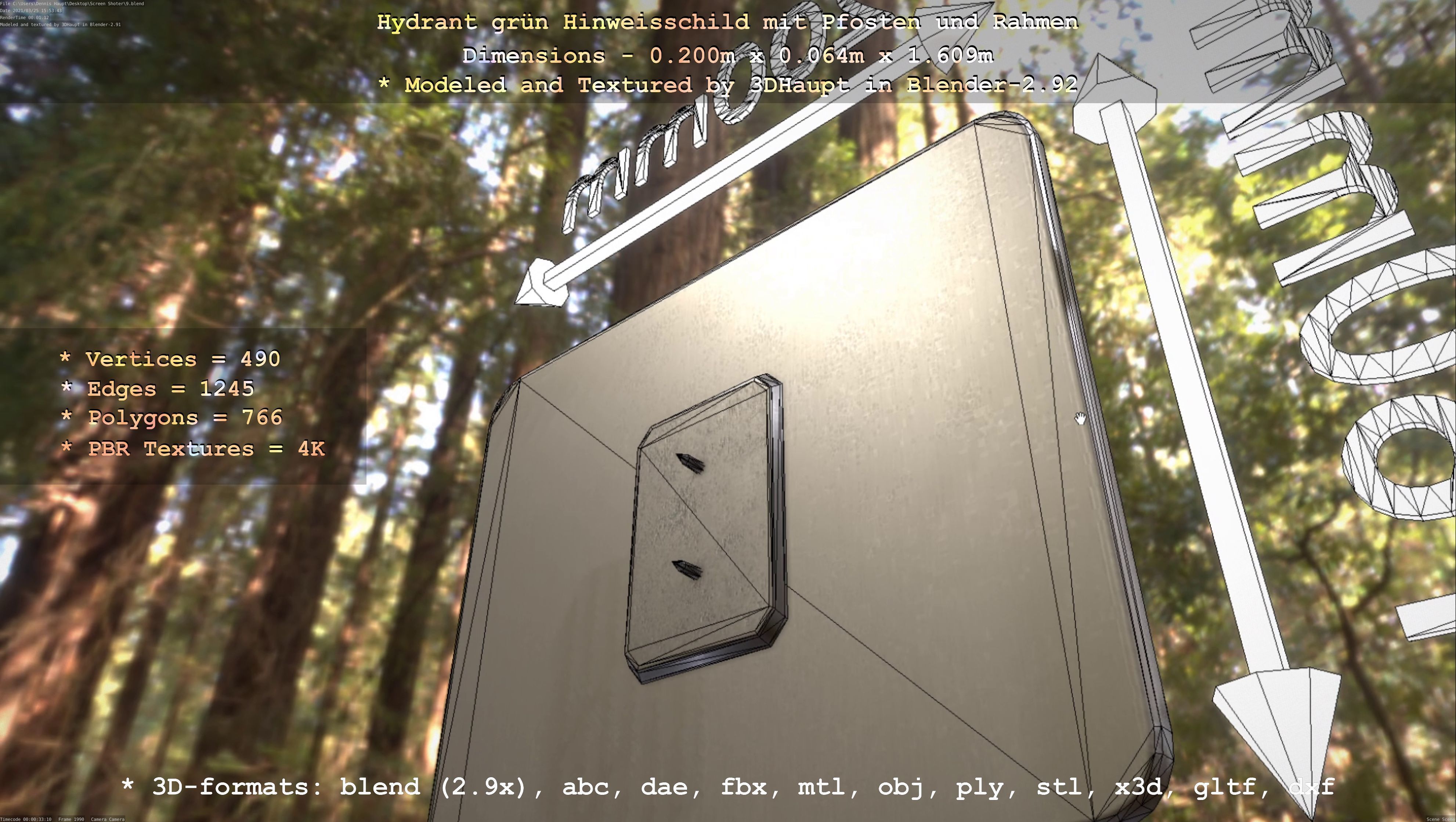 Hinweisschild Hydrant Gruen mit Pfosten und Rahmen Low-poly 3D model_6