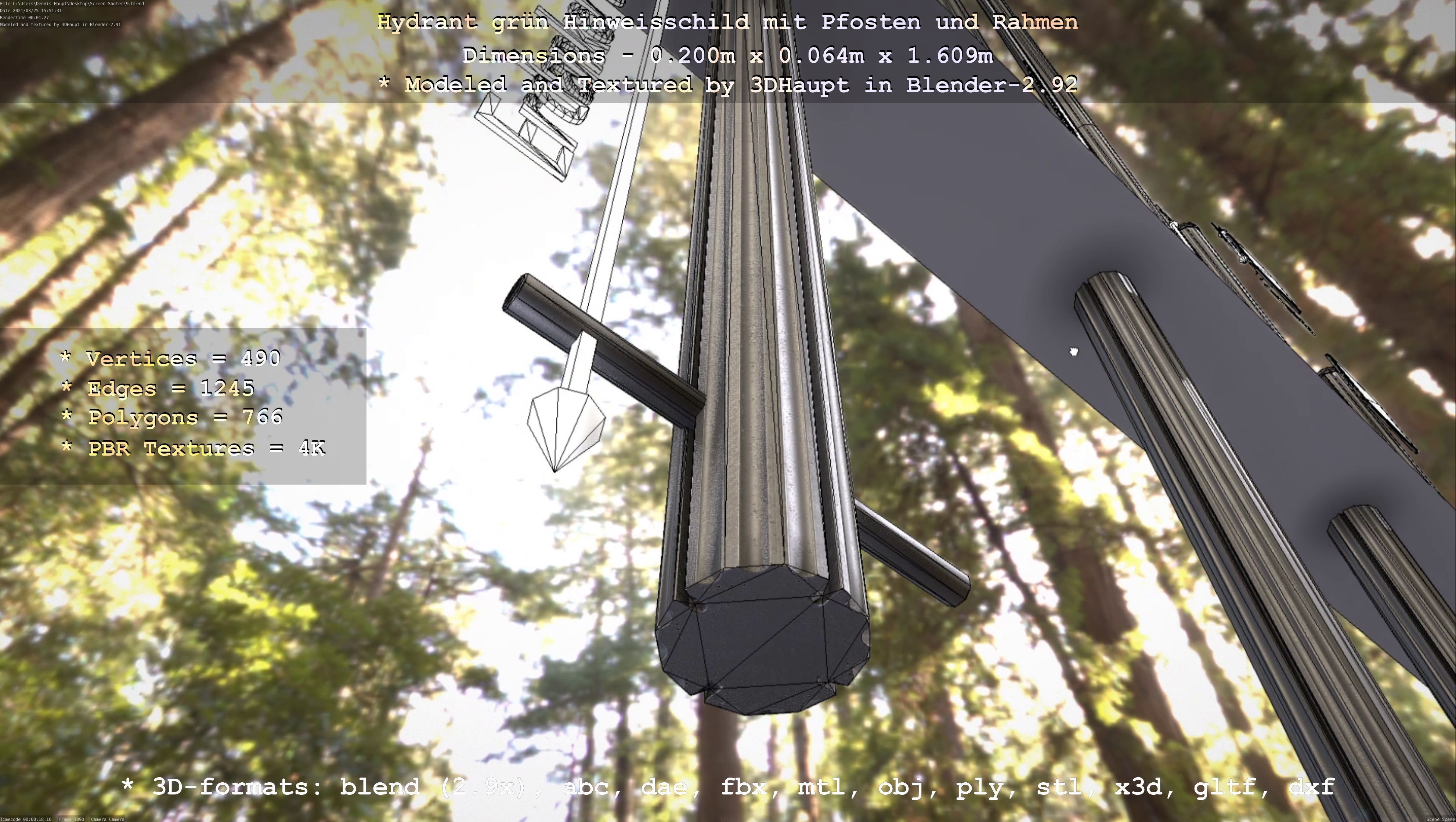 Hinweisschild Hydrant Gruen mit Pfosten und Rahmen Low-poly 3D model_9