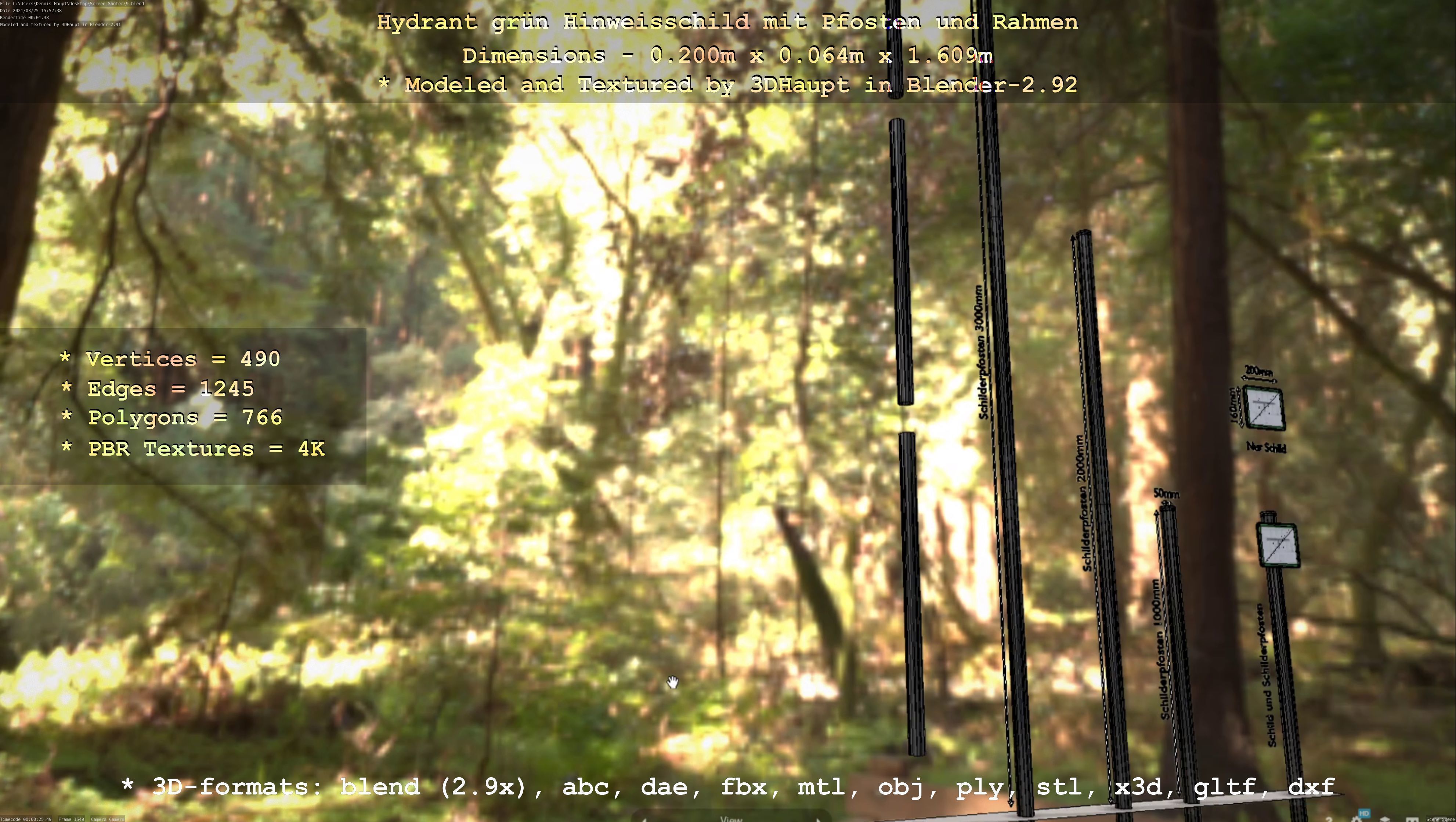 Hinweisschild Hydrant Gruen mit Pfosten und Rahmen Low-poly 3D model_47