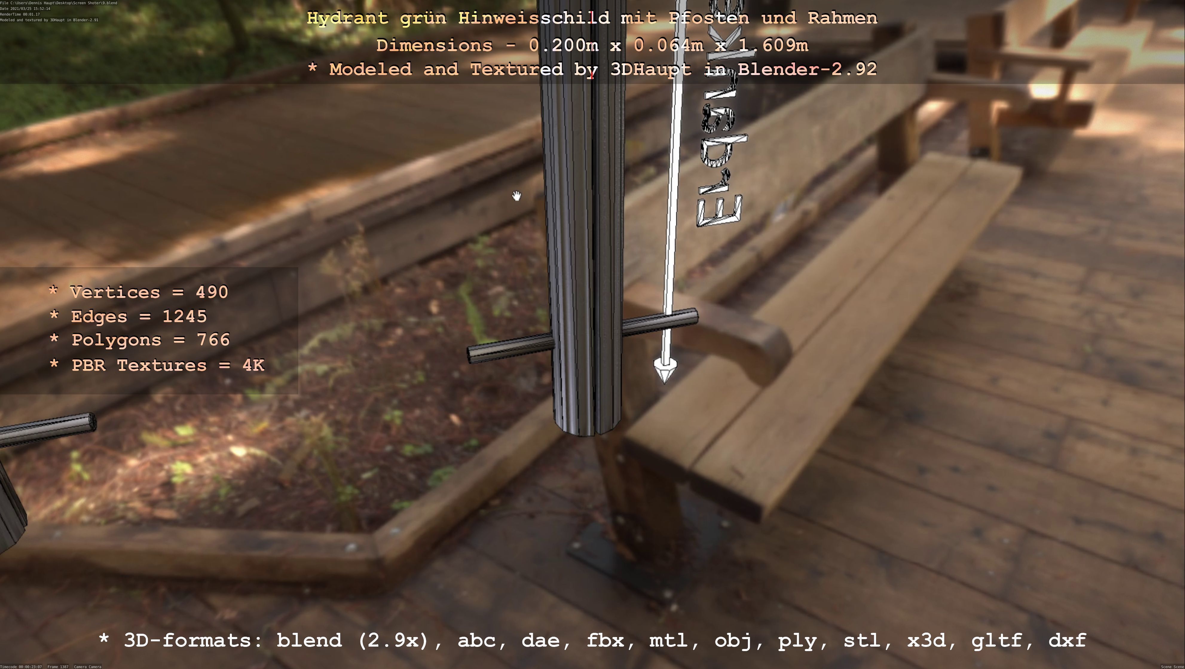 Hinweisschild Hydrant Gruen mit Pfosten und Rahmen Low-poly 3D model_44