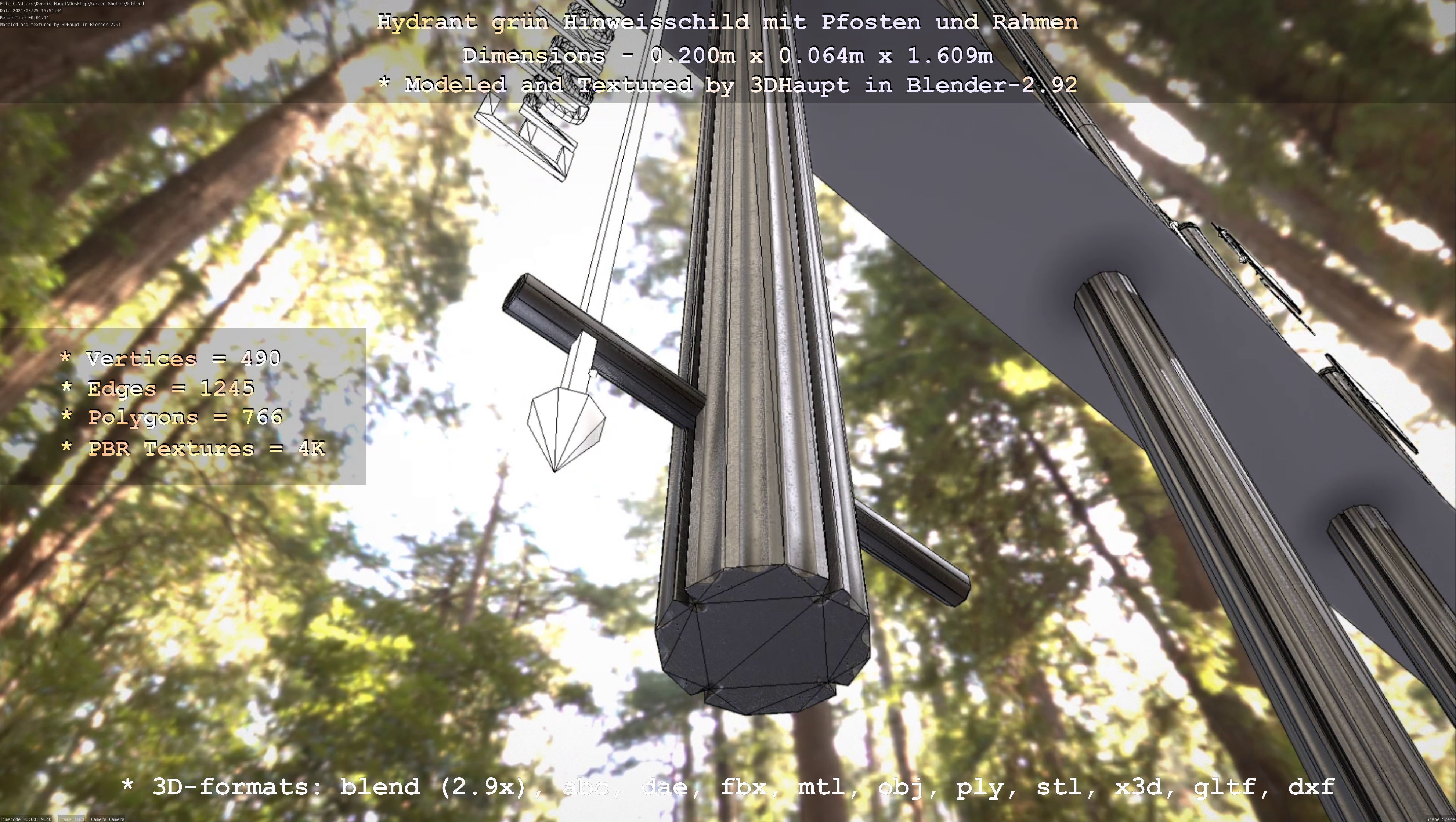 Hinweisschild Hydrant Gruen mit Pfosten und Rahmen Low-poly 3D model_116