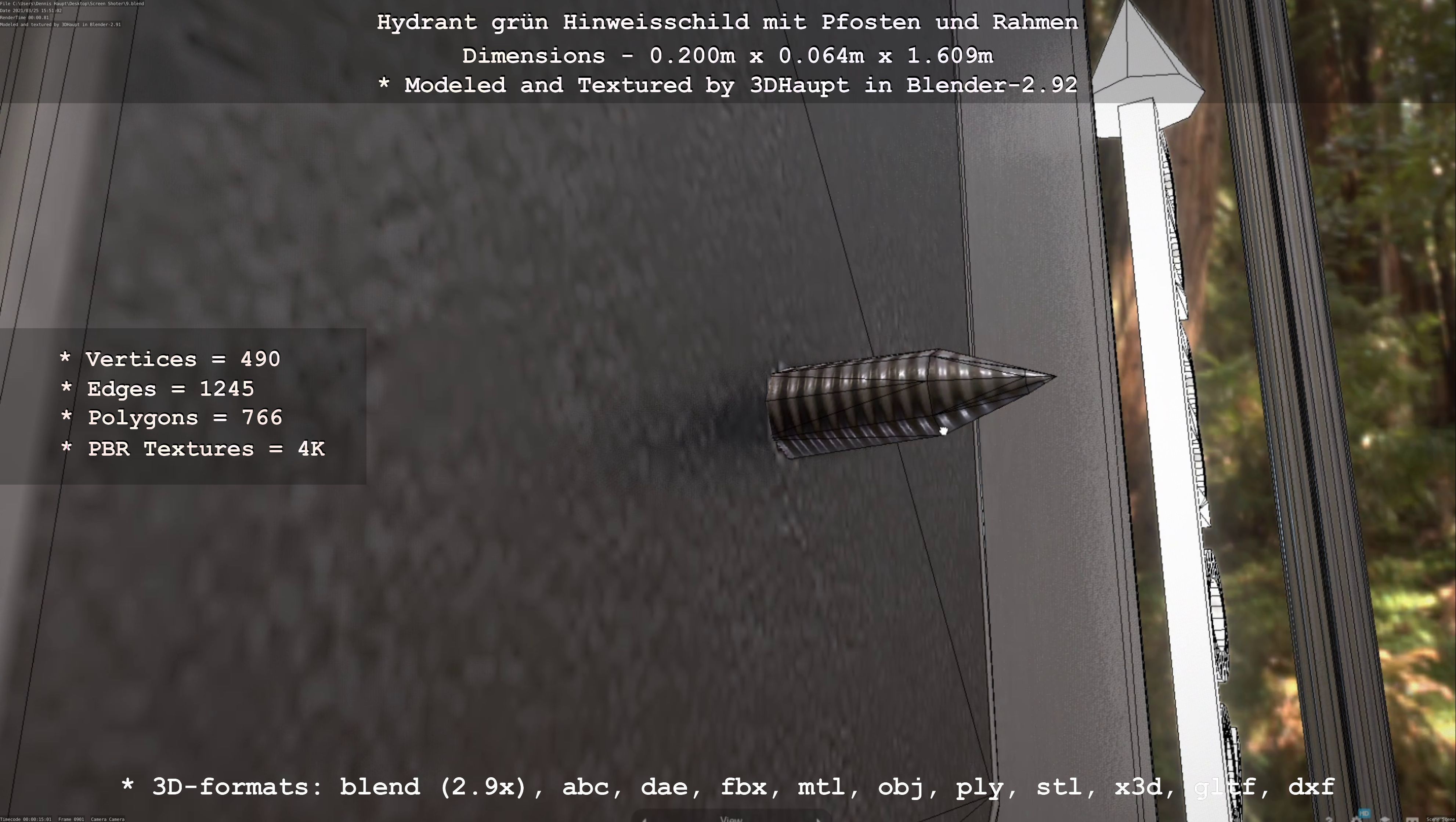 Hinweisschild Hydrant Gruen mit Pfosten und Rahmen Low-poly 3D model_107