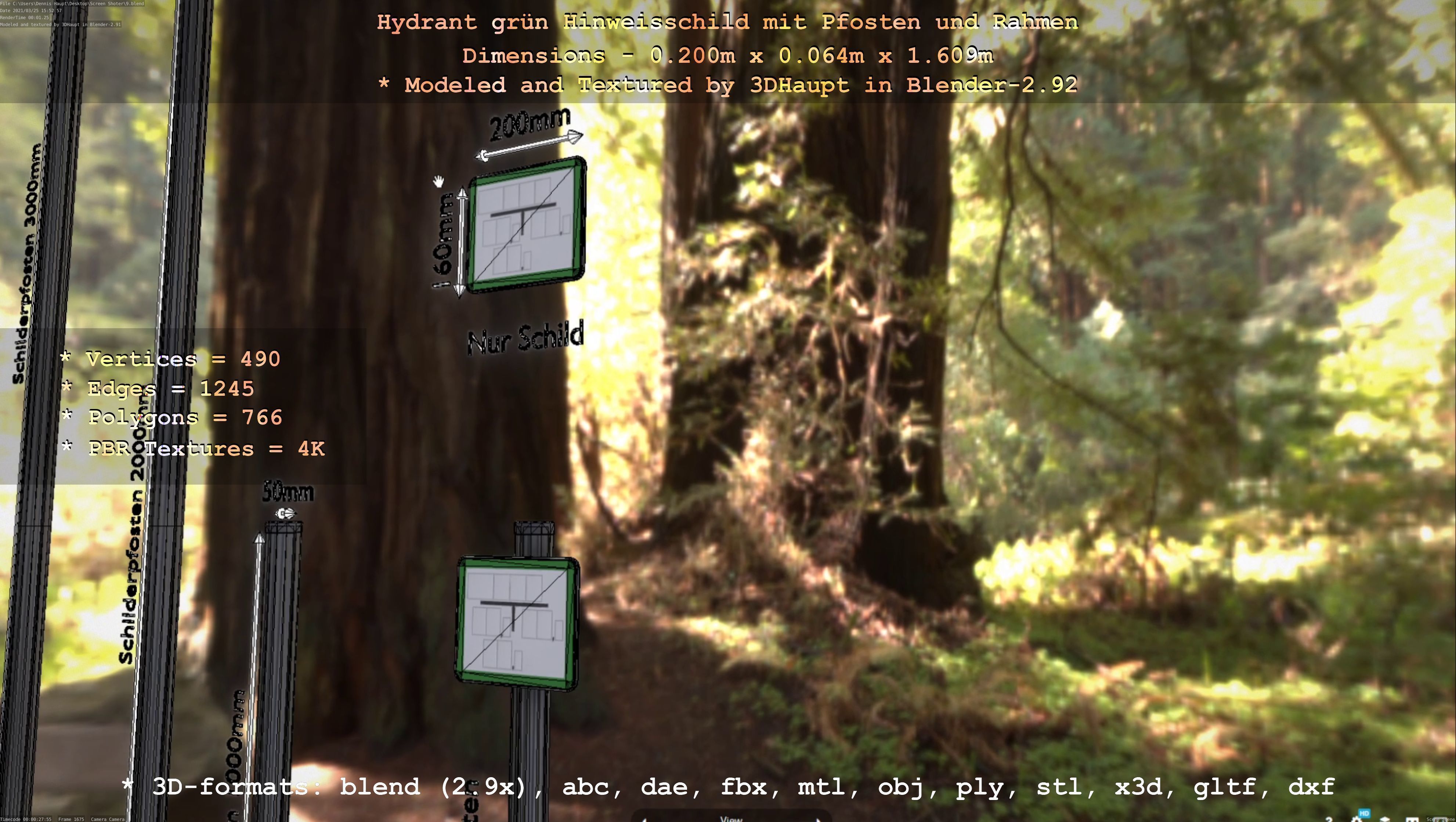 Hinweisschild Hydrant Gruen mit Pfosten und Rahmen Low-poly 3D model_40