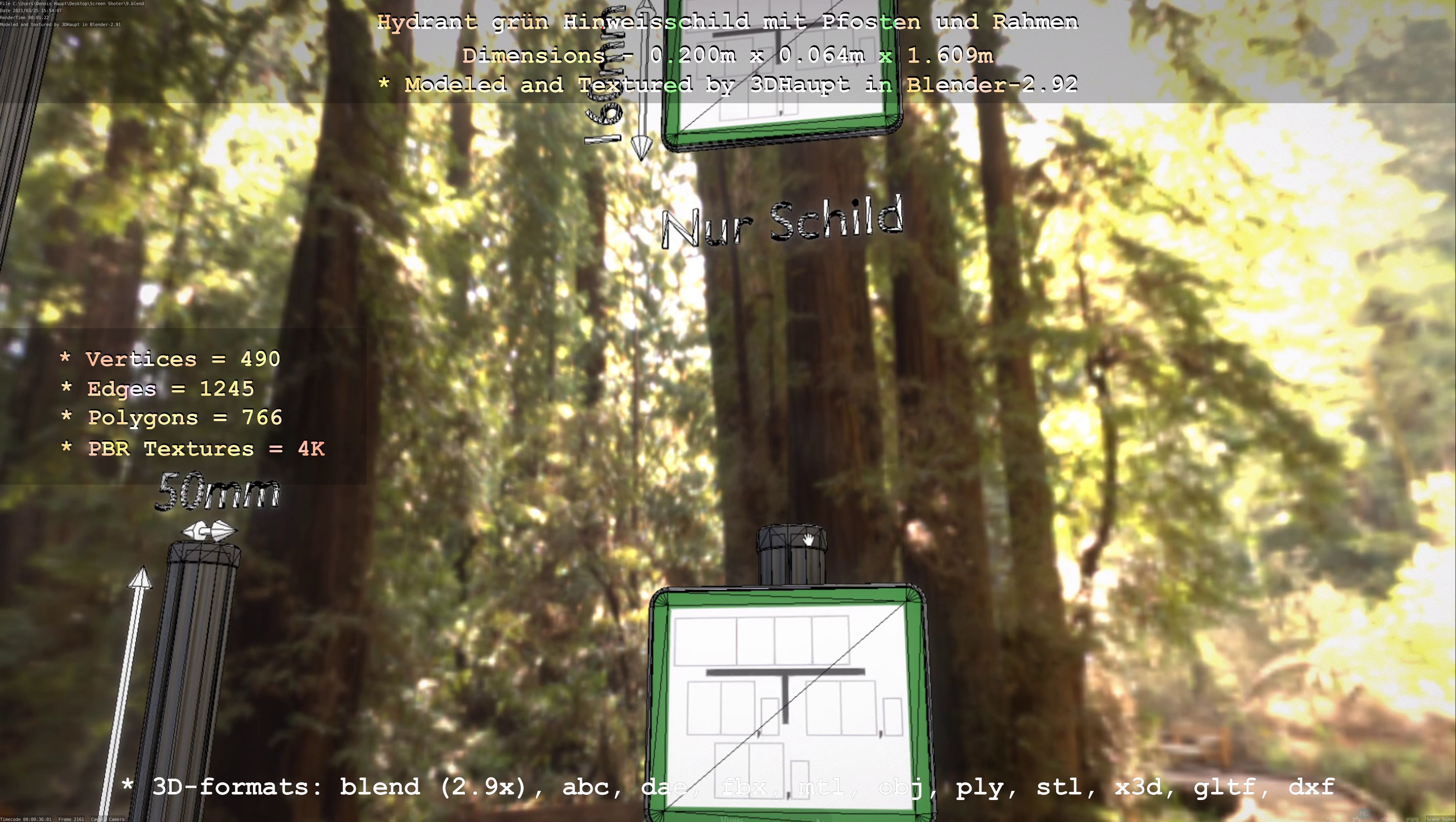 Hinweisschild Hydrant Gruen mit Pfosten und Rahmen Low-poly 3D model_75