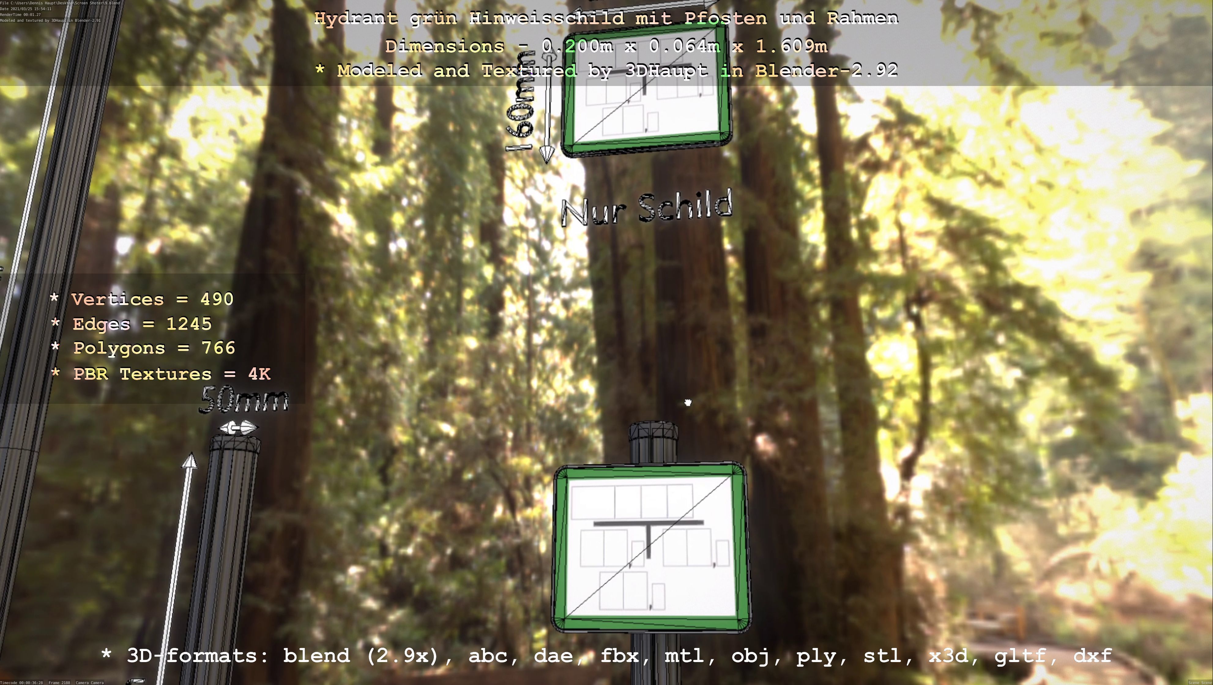 Hinweisschild Hydrant Gruen mit Pfosten und Rahmen Low-poly 3D model_24