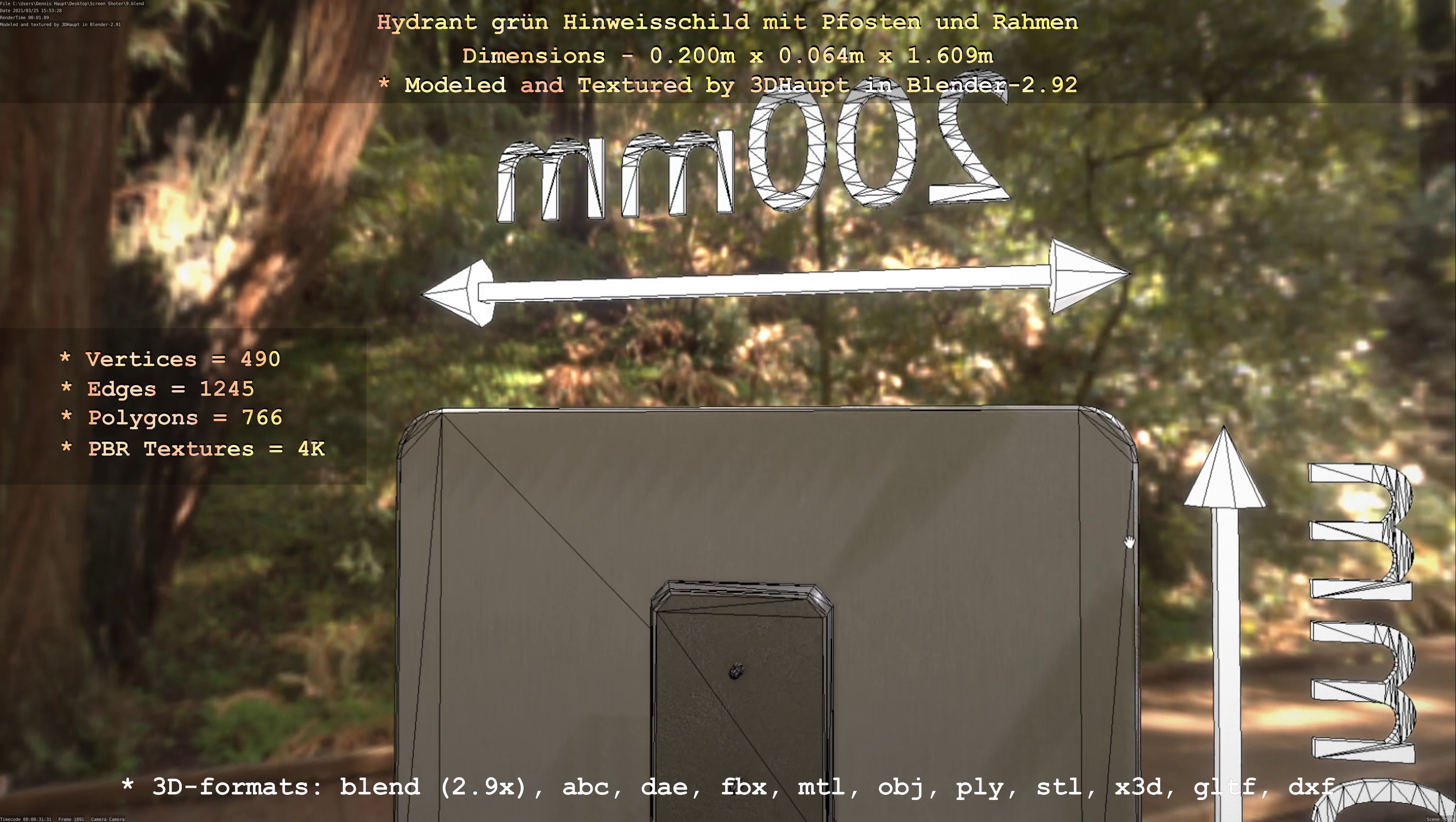 Hinweisschild Hydrant Gruen mit Pfosten und Rahmen Low-poly 3D model_48