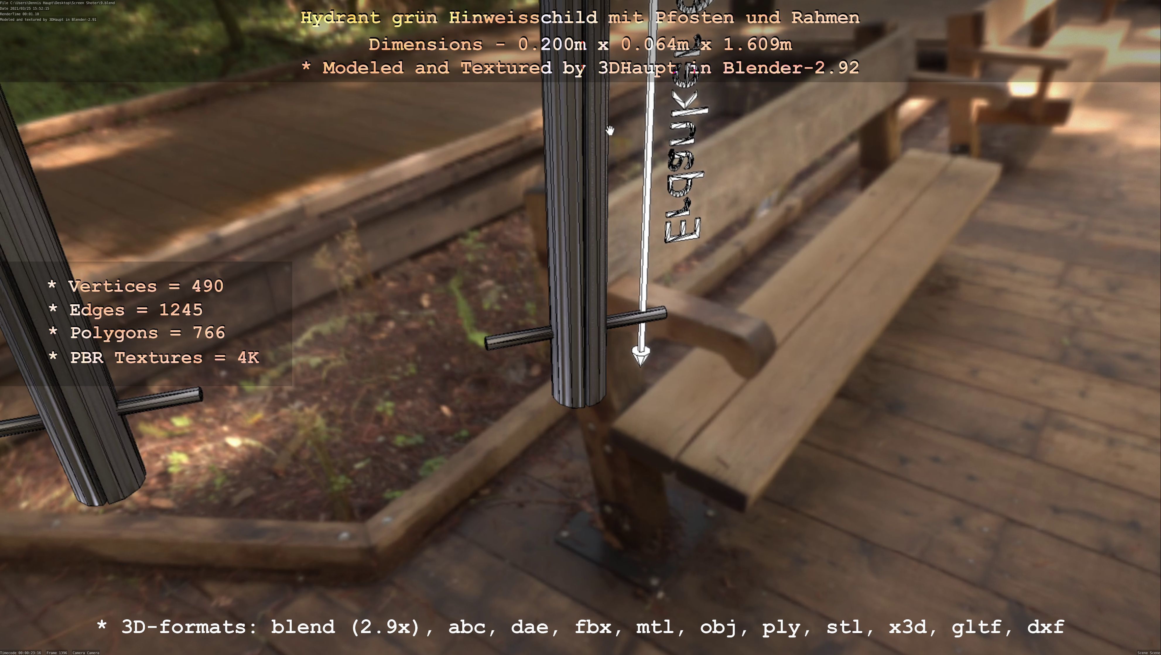 Hinweisschild Hydrant Gruen mit Pfosten und Rahmen Low-poly 3D model_37