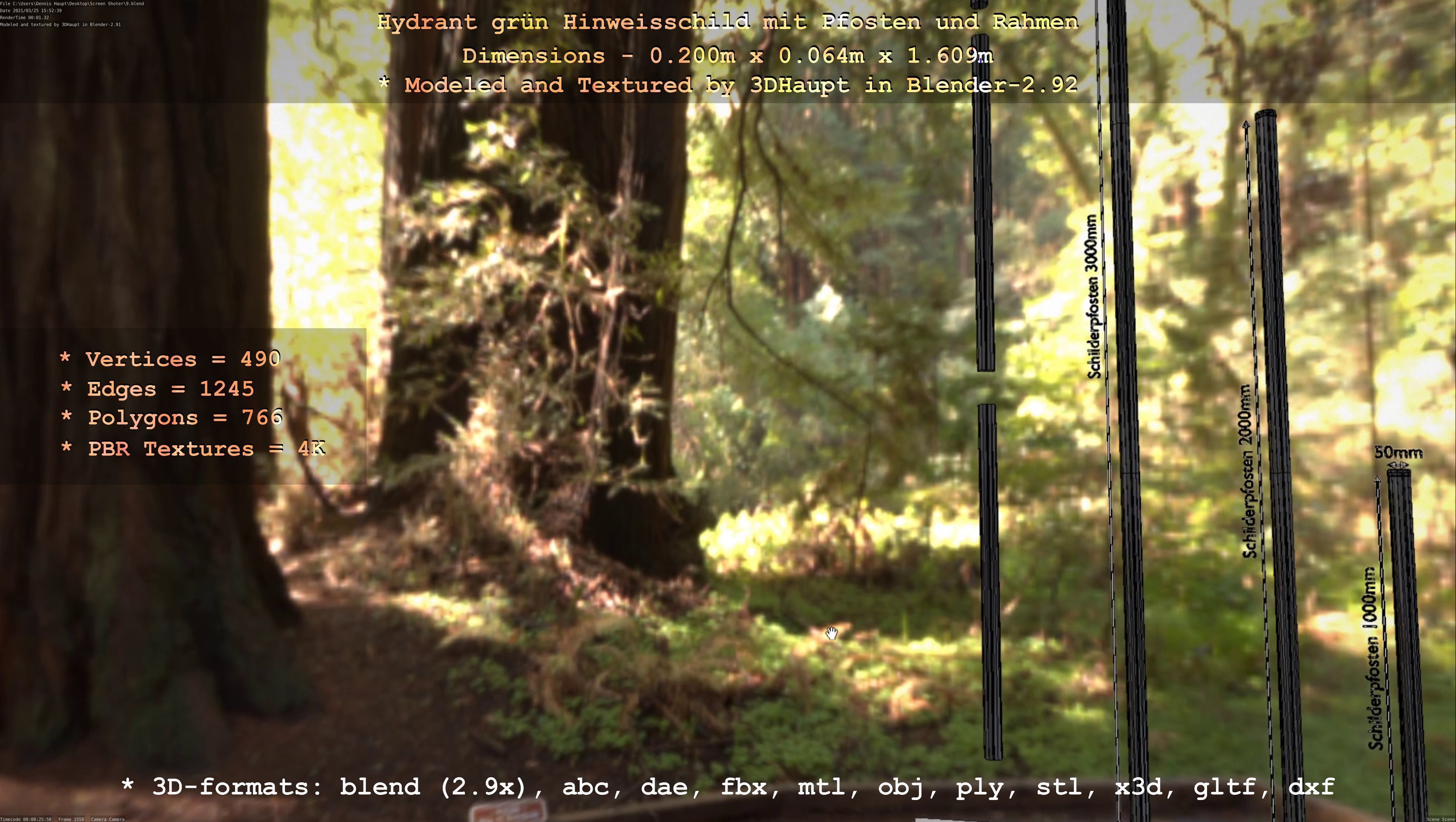 Hinweisschild Hydrant Gruen mit Pfosten und Rahmen Low-poly 3D model_56