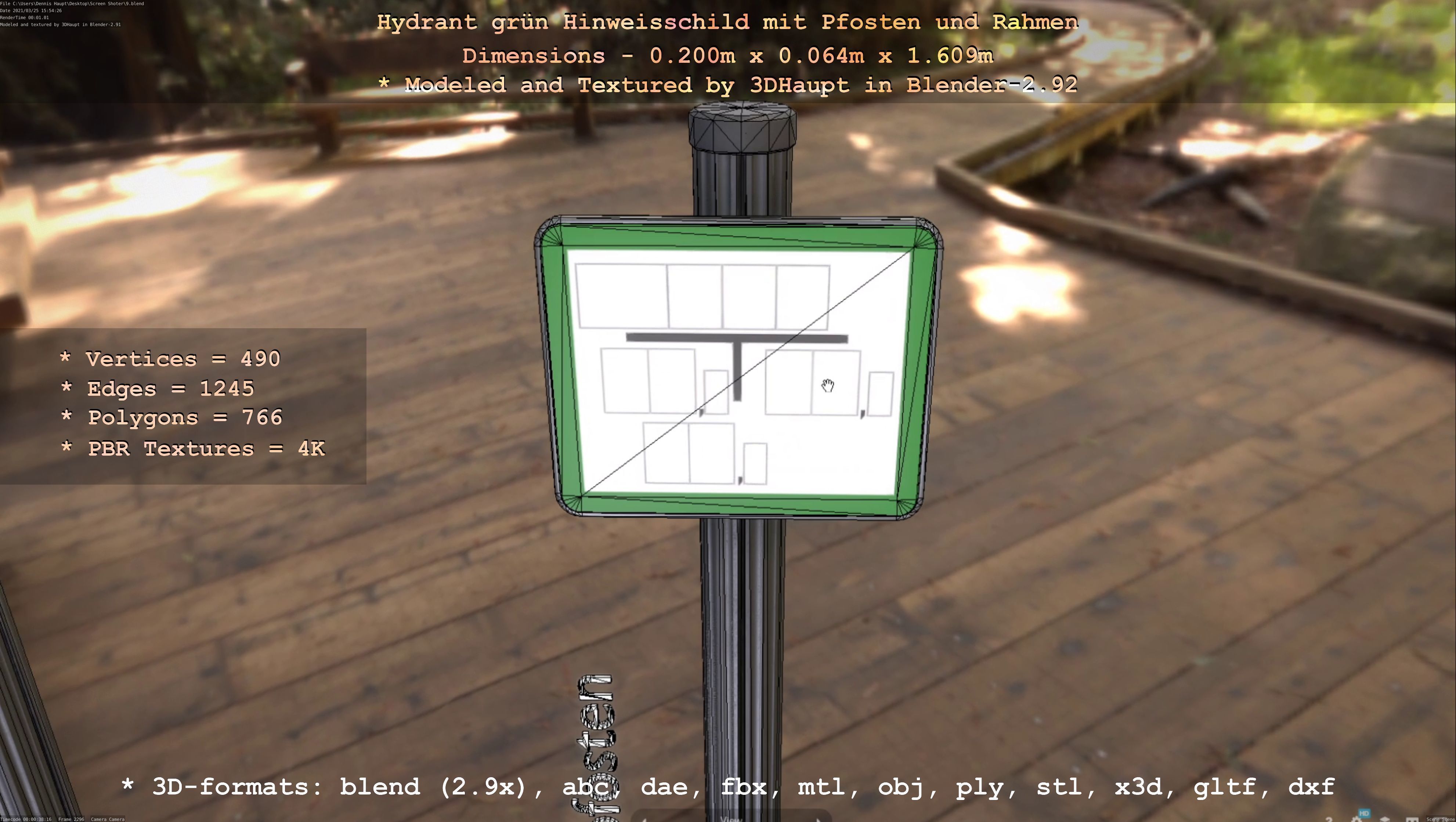 Hinweisschild Hydrant Gruen mit Pfosten und Rahmen Low-poly 3D model_25