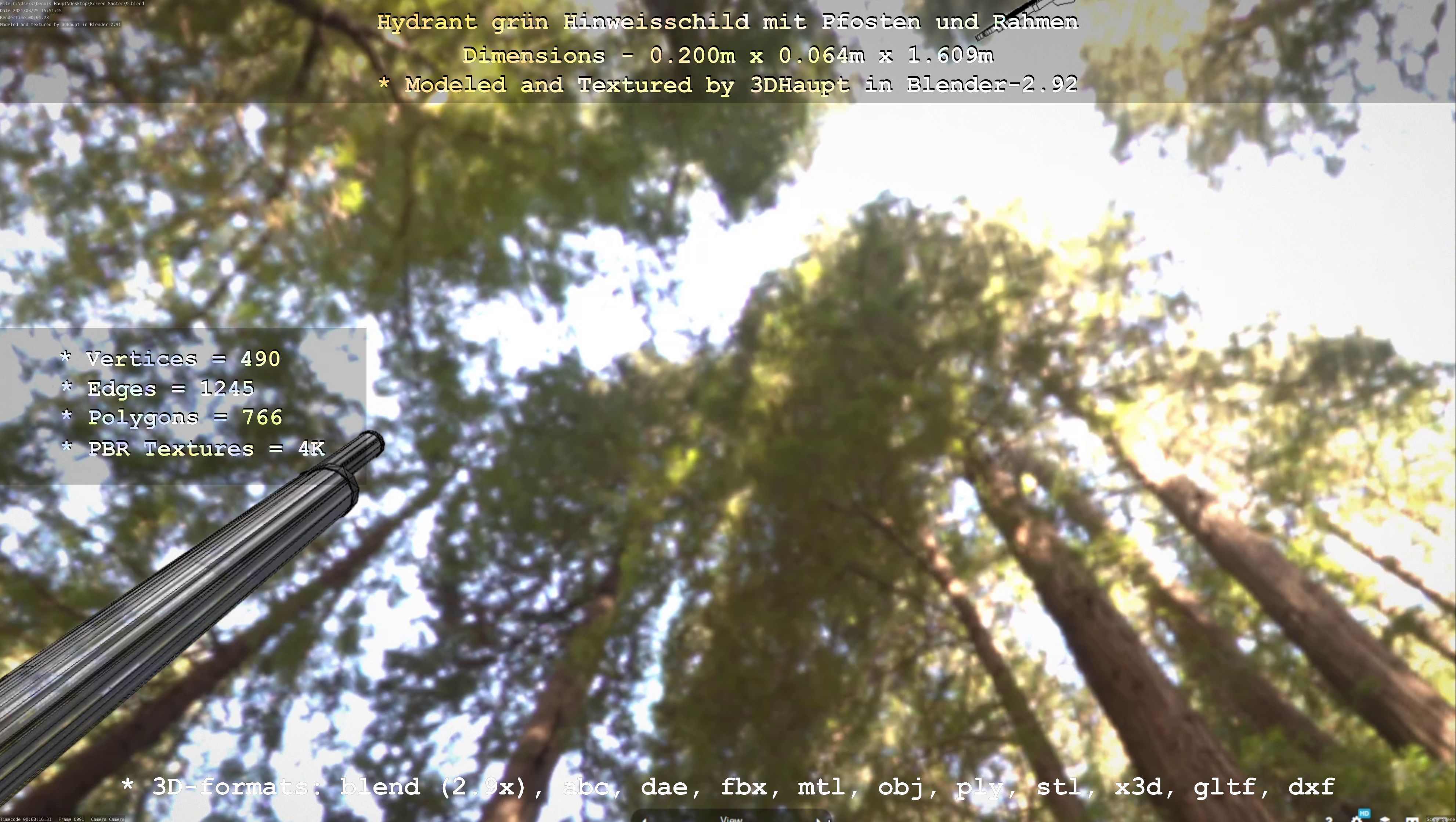 Hinweisschild Hydrant Gruen mit Pfosten und Rahmen Low-poly 3D model_110