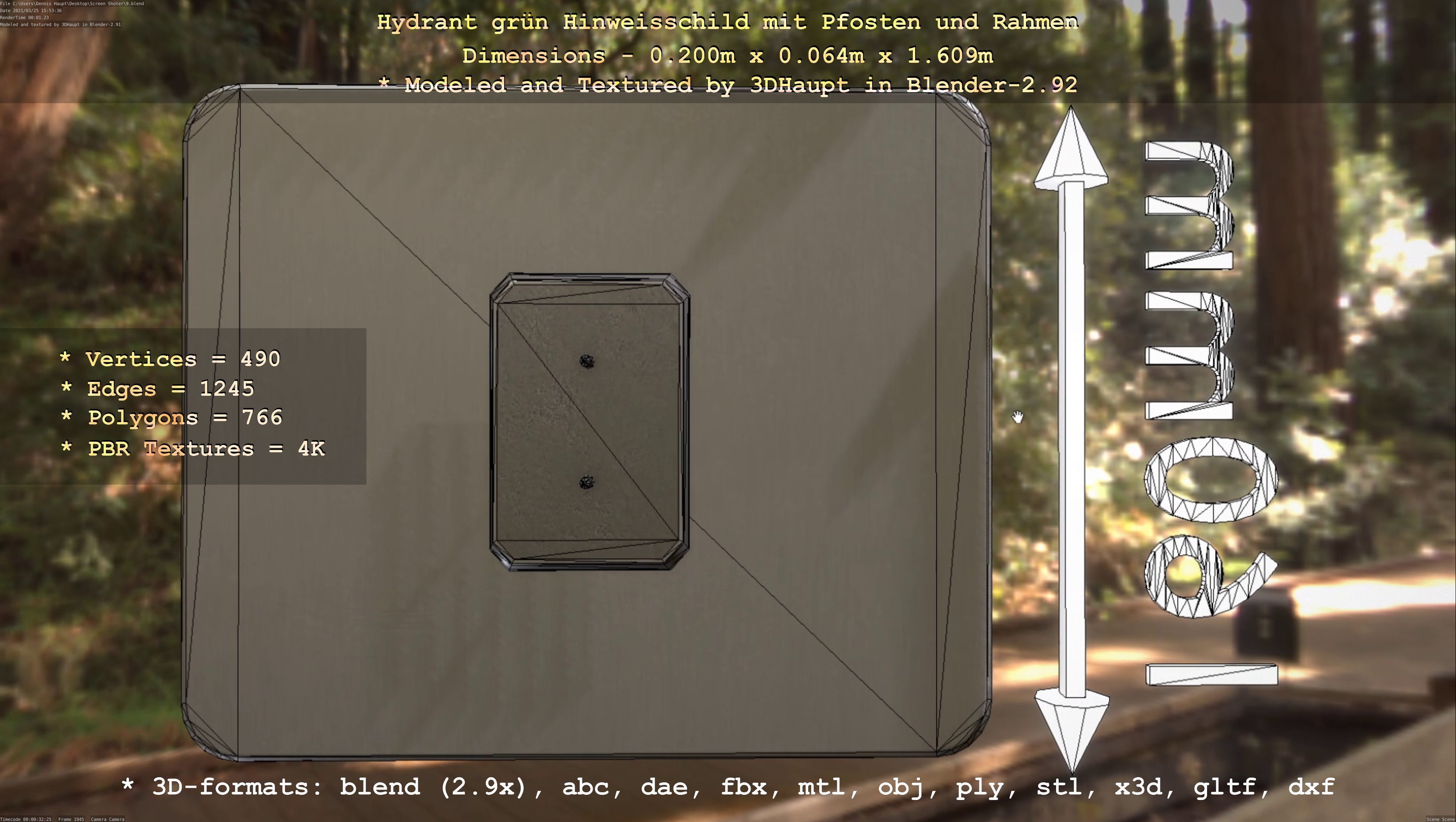 Hinweisschild Hydrant Gruen mit Pfosten und Rahmen Low-poly 3D model_55