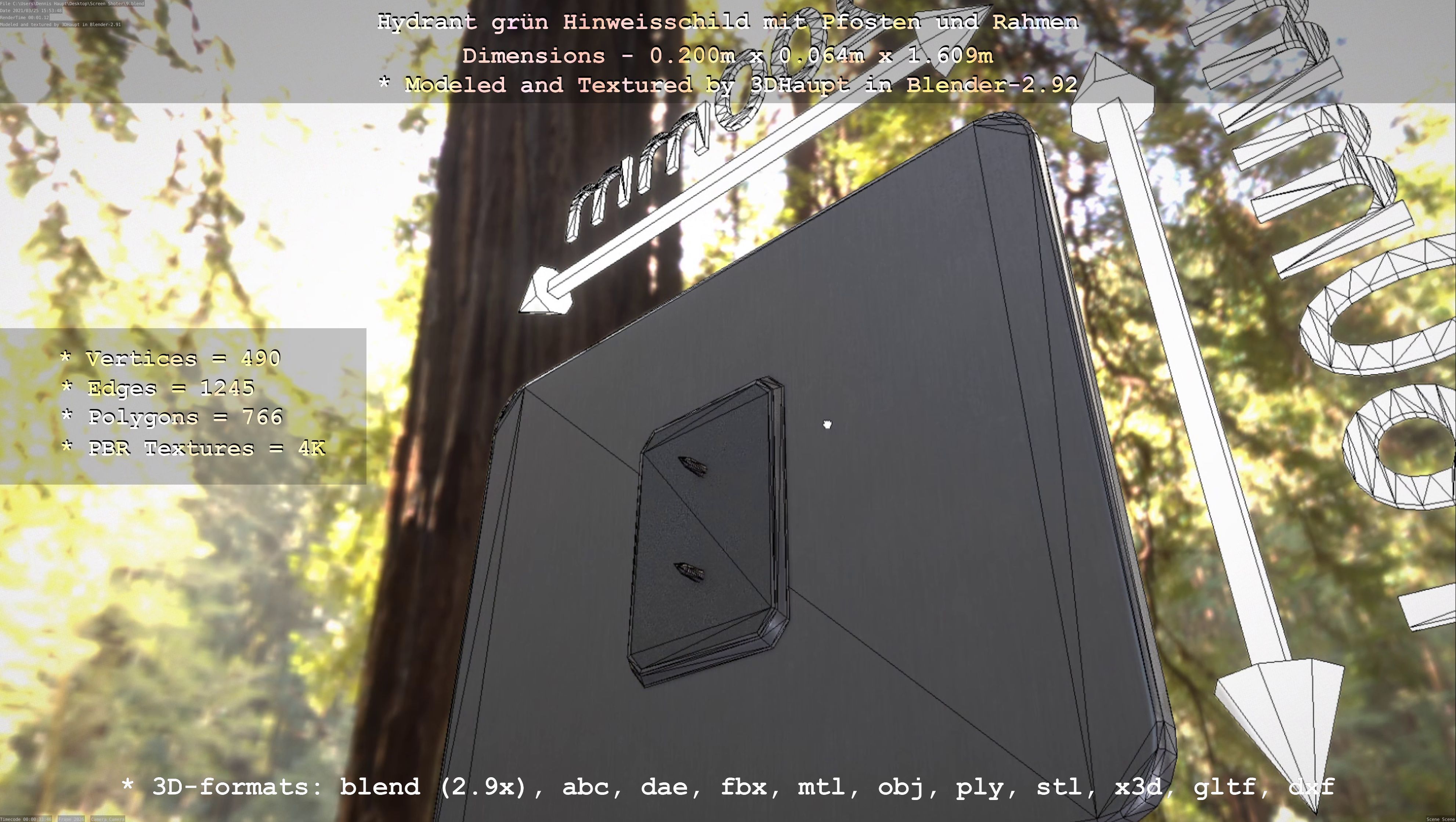 Hinweisschild Hydrant Gruen mit Pfosten und Rahmen Low-poly 3D model_51