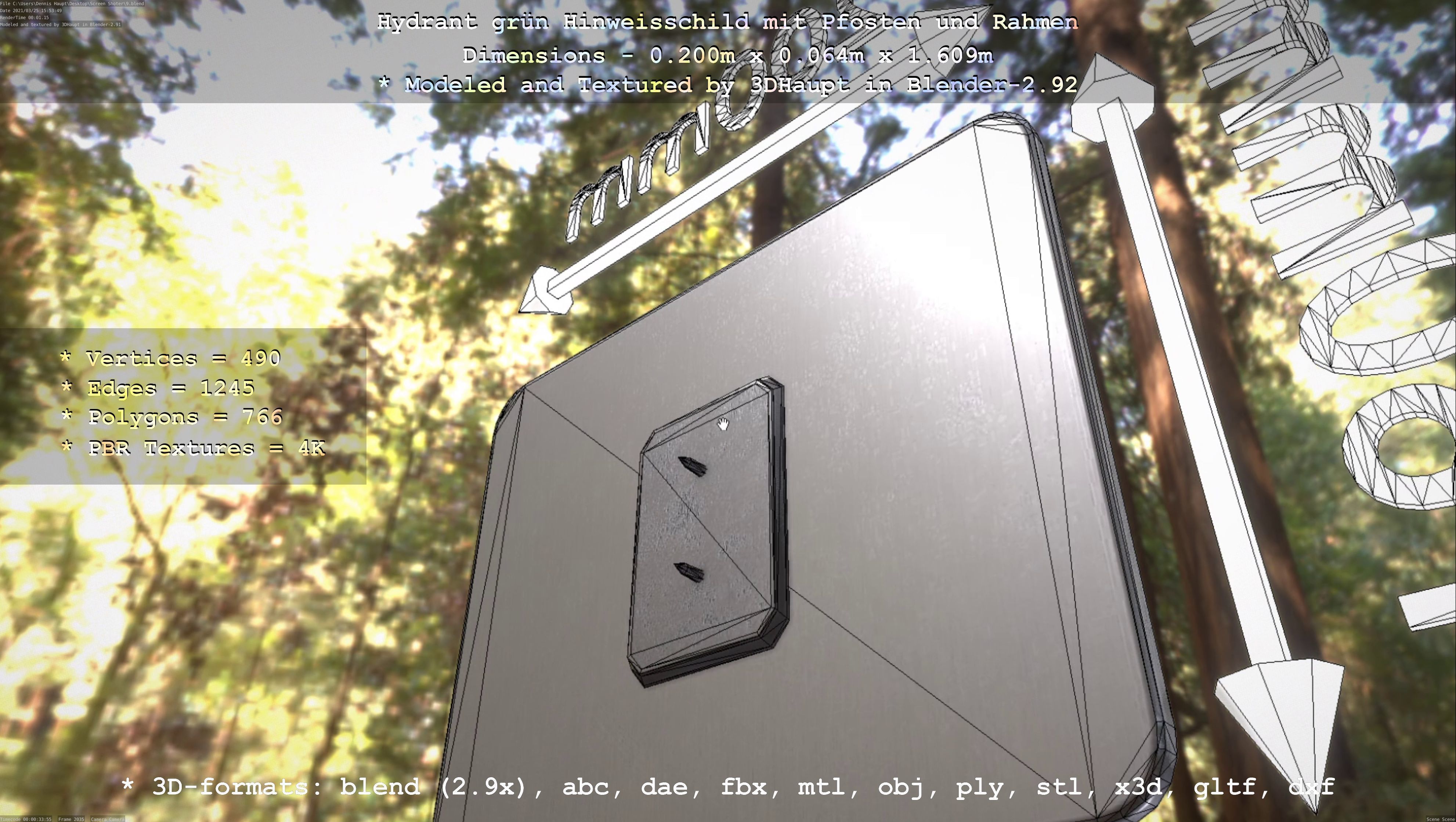 Hinweisschild Hydrant Gruen mit Pfosten und Rahmen Low-poly 3D model_57