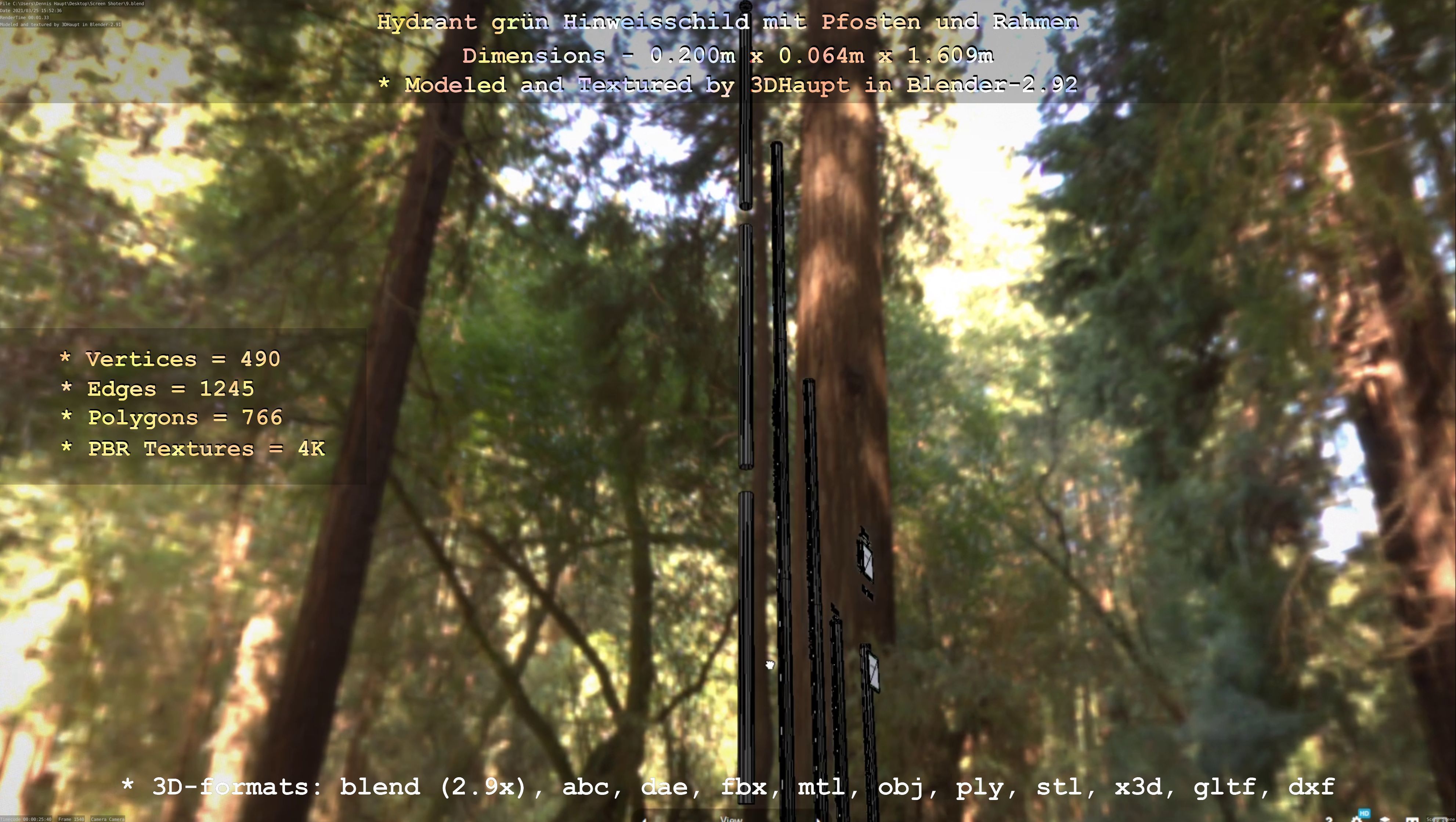 Hinweisschild Hydrant Gruen mit Pfosten und Rahmen Low-poly 3D model_17