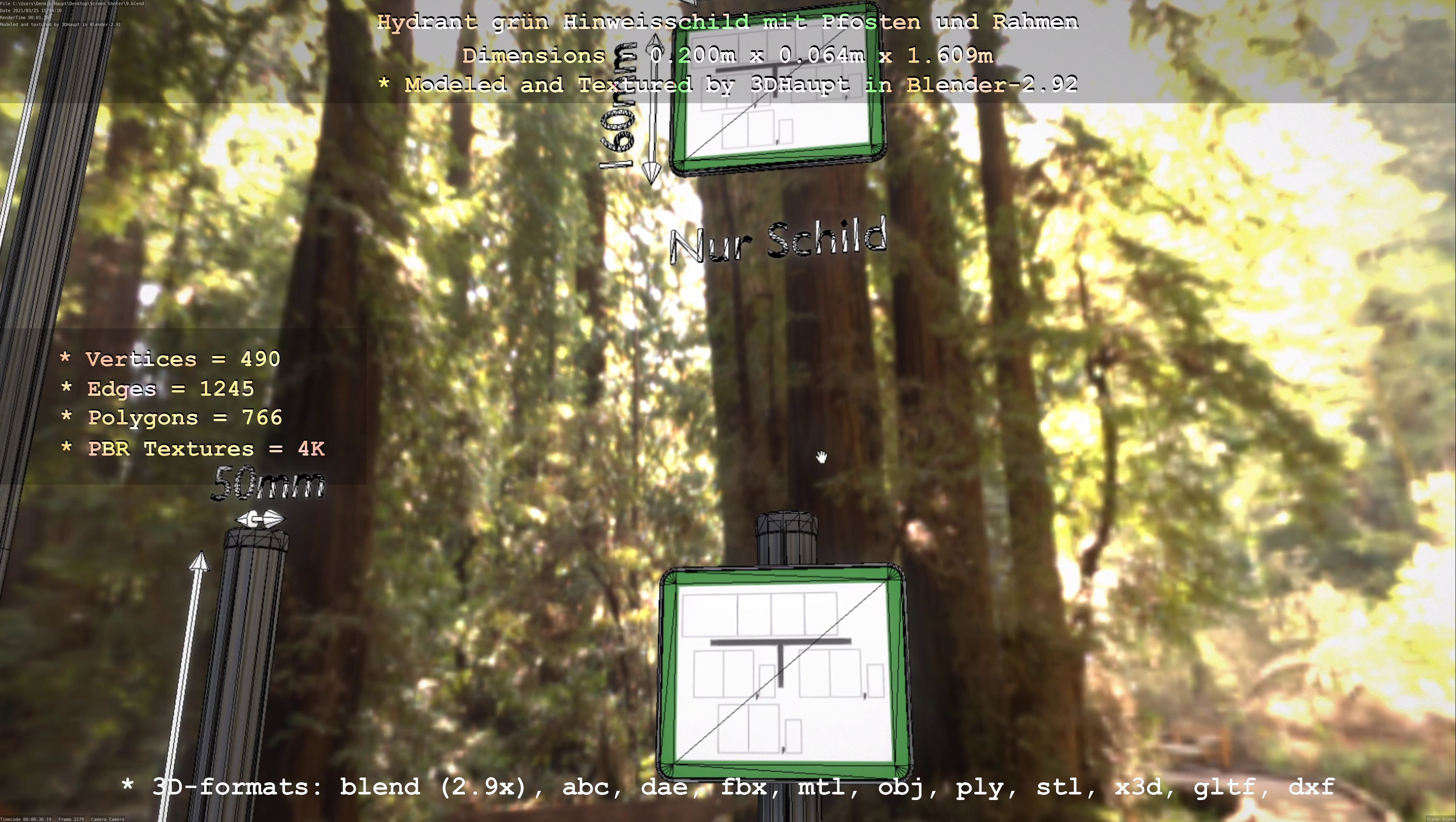 Hinweisschild Hydrant Gruen mit Pfosten und Rahmen Low-poly 3D model_76