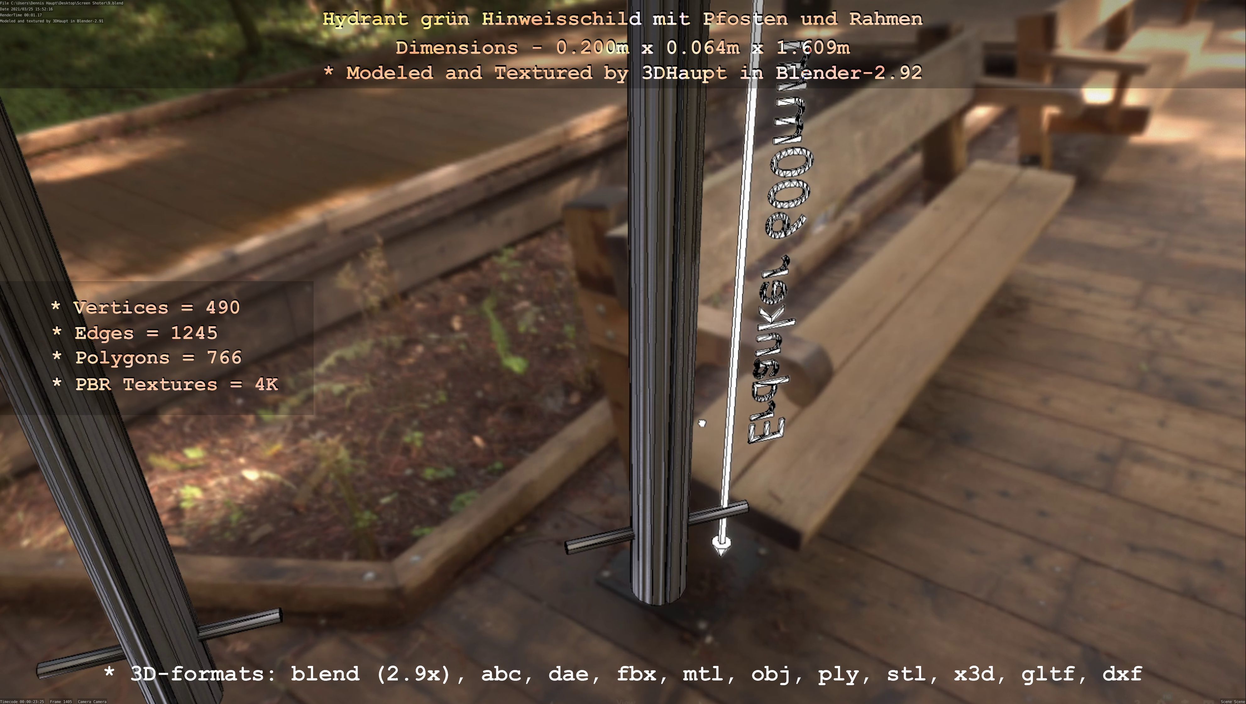 Hinweisschild Hydrant Gruen mit Pfosten und Rahmen Low-poly 3D model_49
