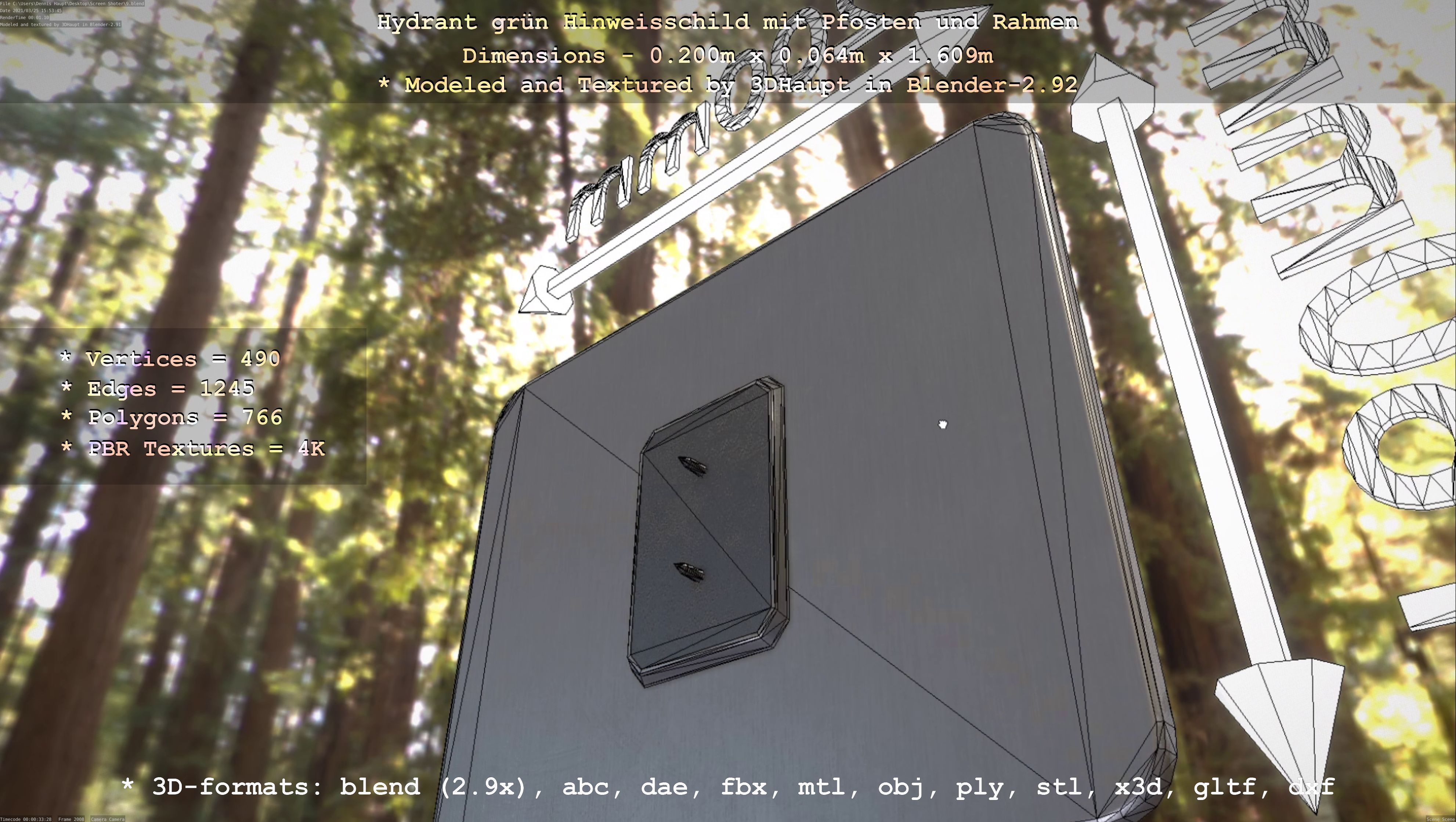 Hinweisschild Hydrant Gruen mit Pfosten und Rahmen Low-poly 3D model_23