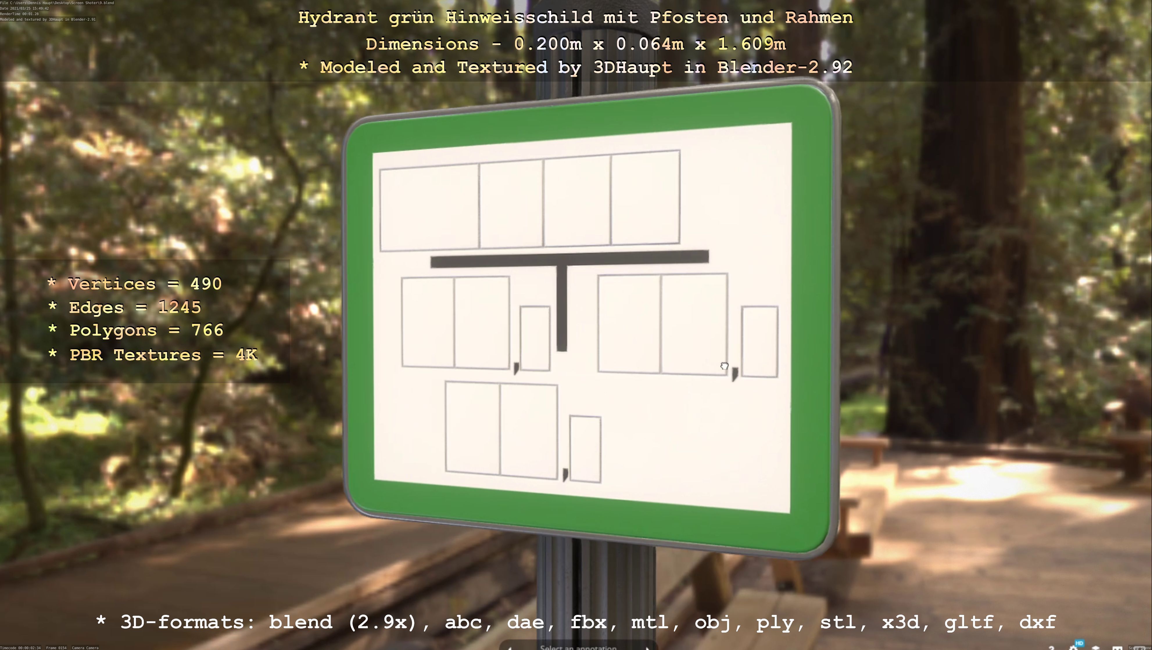 Hinweisschild Hydrant Gruen mit Pfosten und Rahmen Low-poly 3D model_31