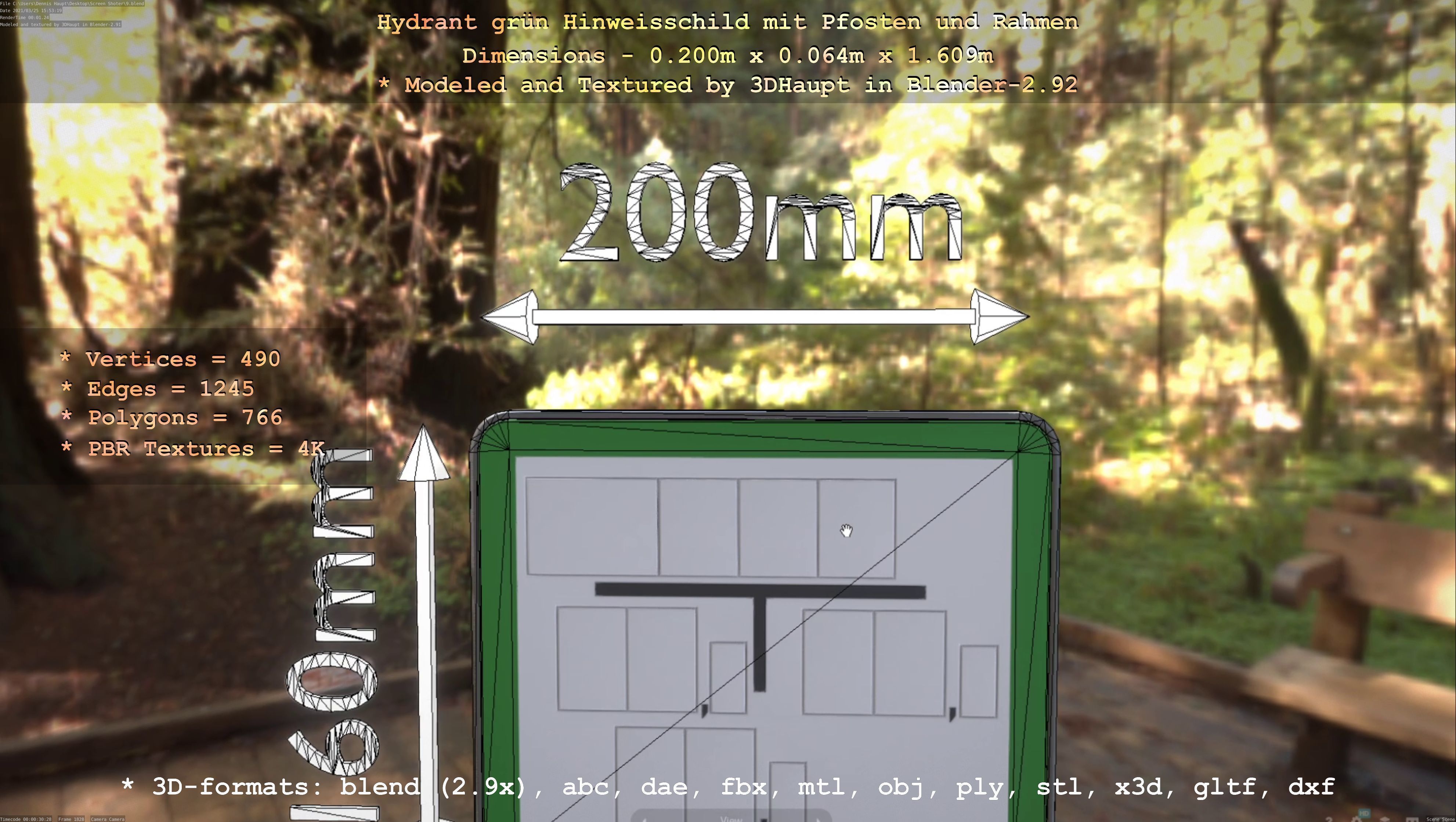 Hinweisschild Hydrant Gruen mit Pfosten und Rahmen Low-poly 3D model_21