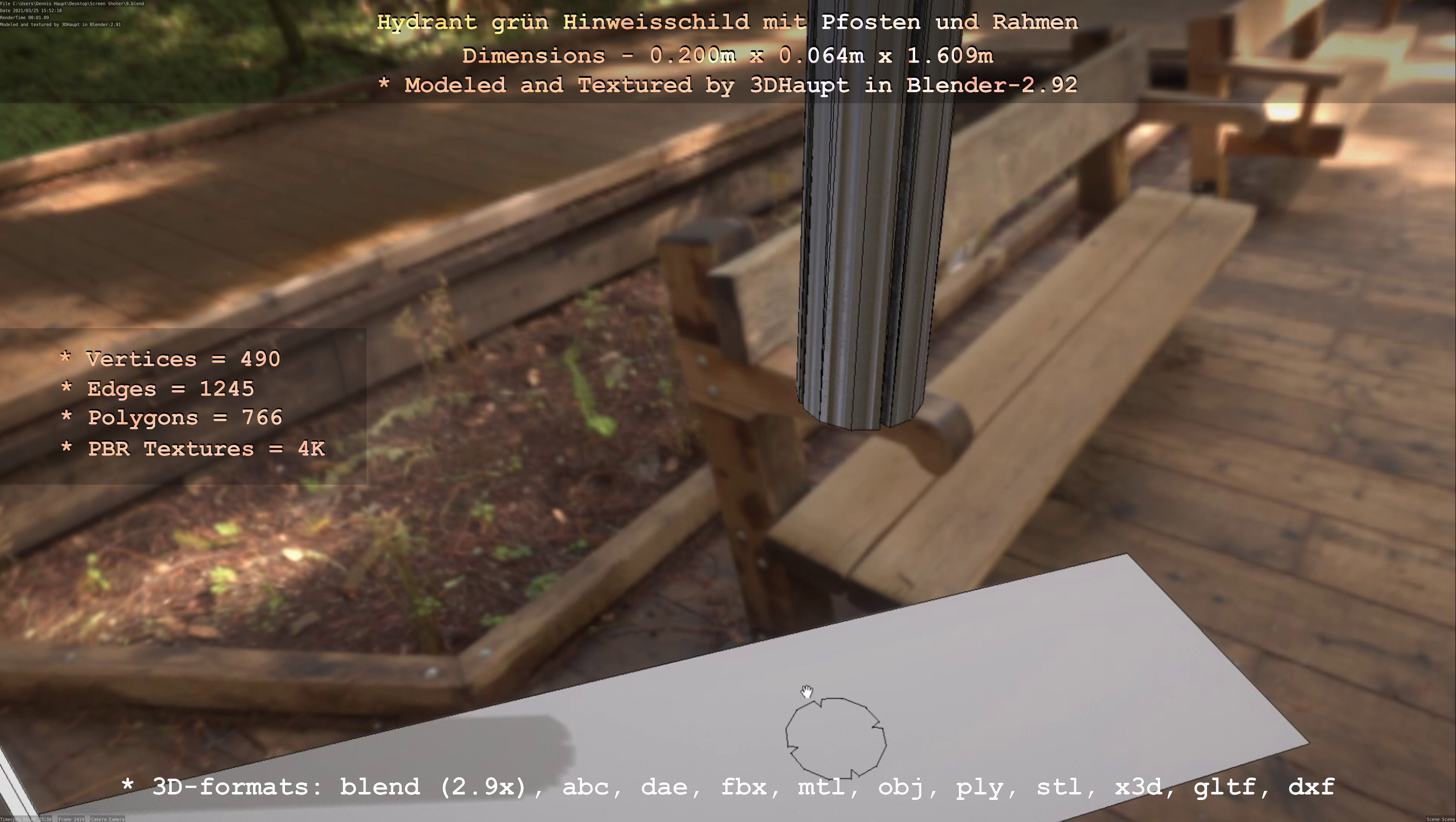 Hinweisschild Hydrant Gruen mit Pfosten und Rahmen Low-poly 3D model_61