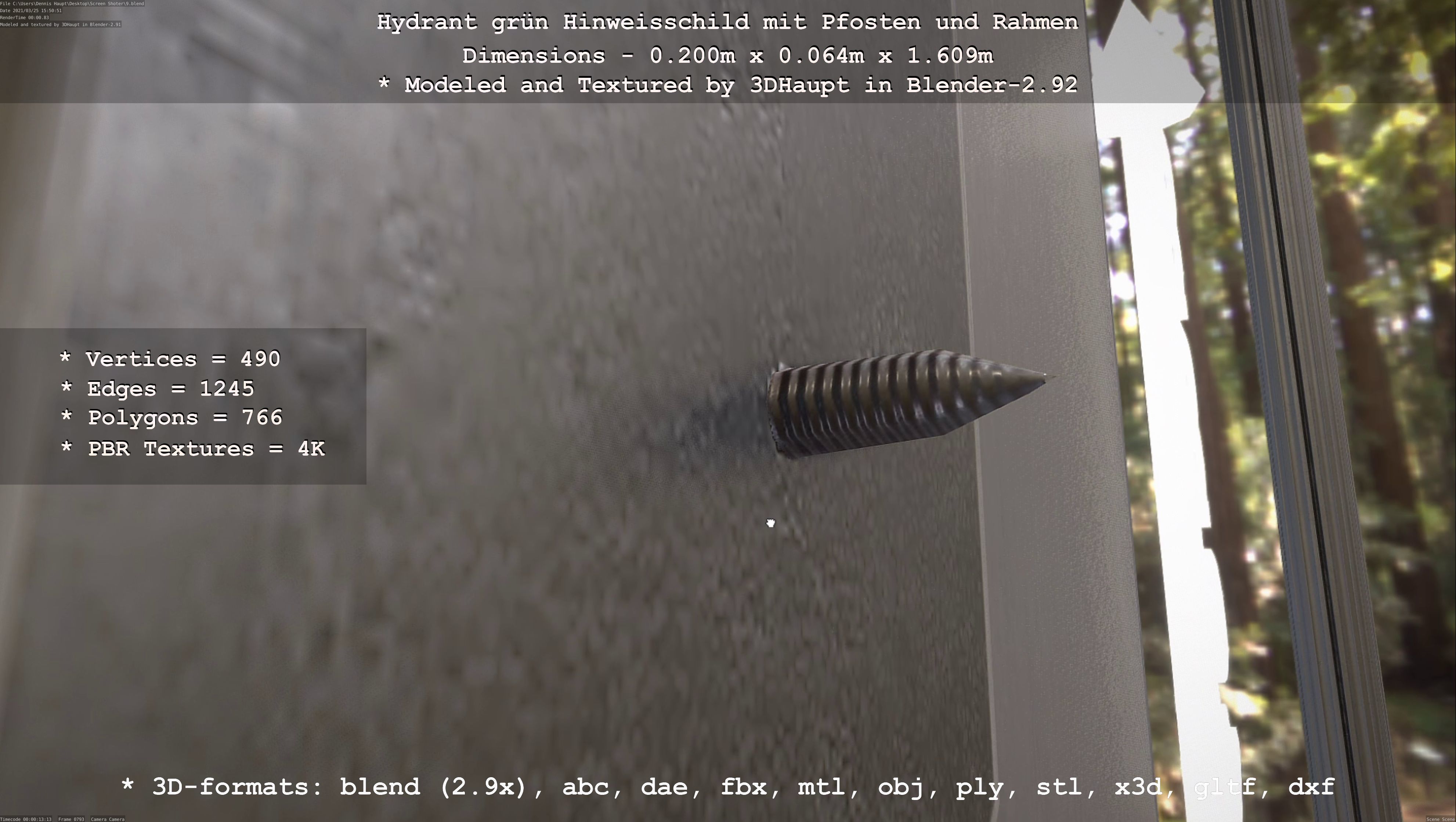 Hinweisschild Hydrant Gruen mit Pfosten und Rahmen Low-poly 3D model_103