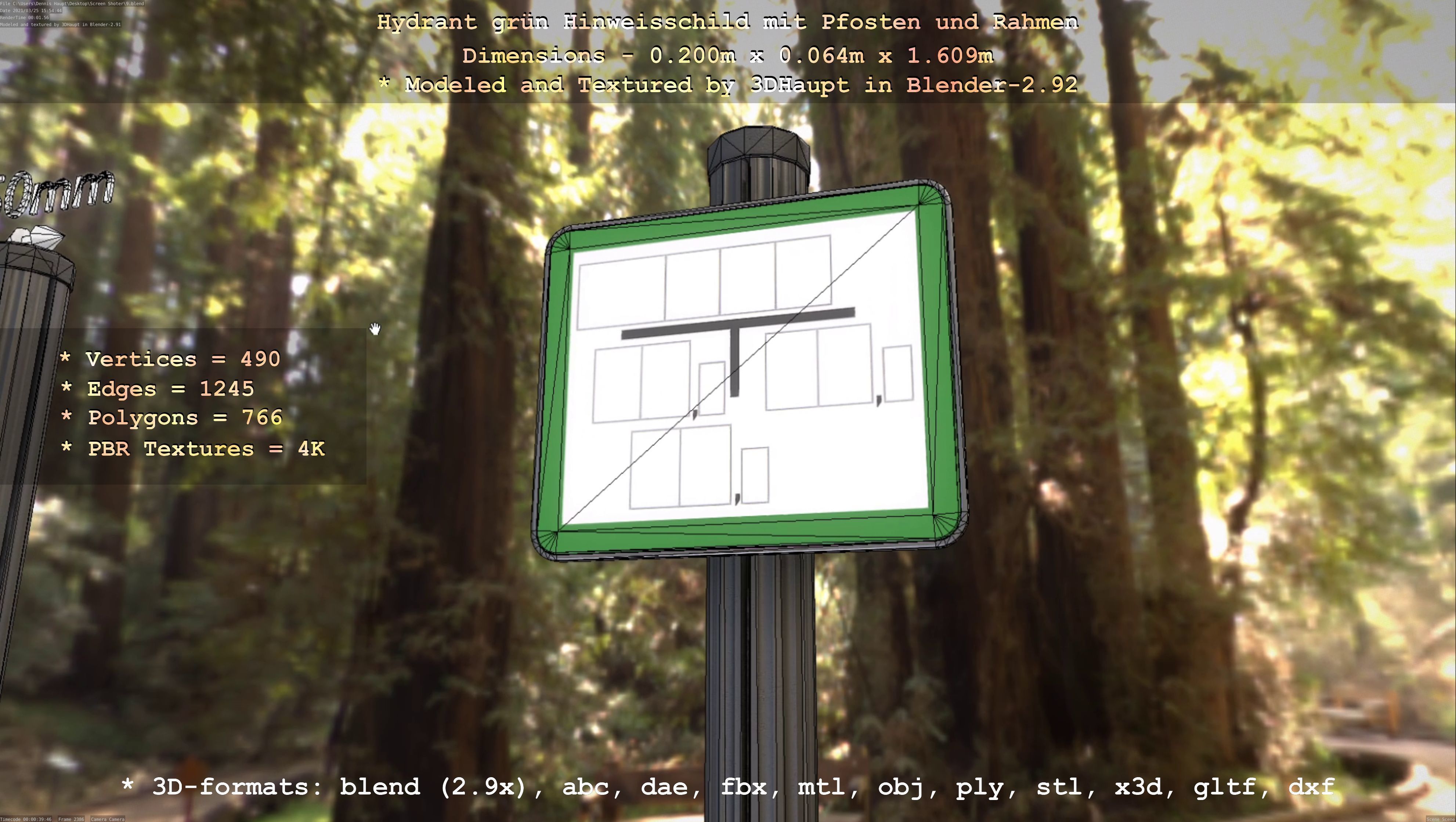Hinweisschild Hydrant Gruen mit Pfosten und Rahmen Low-poly 3D model_26