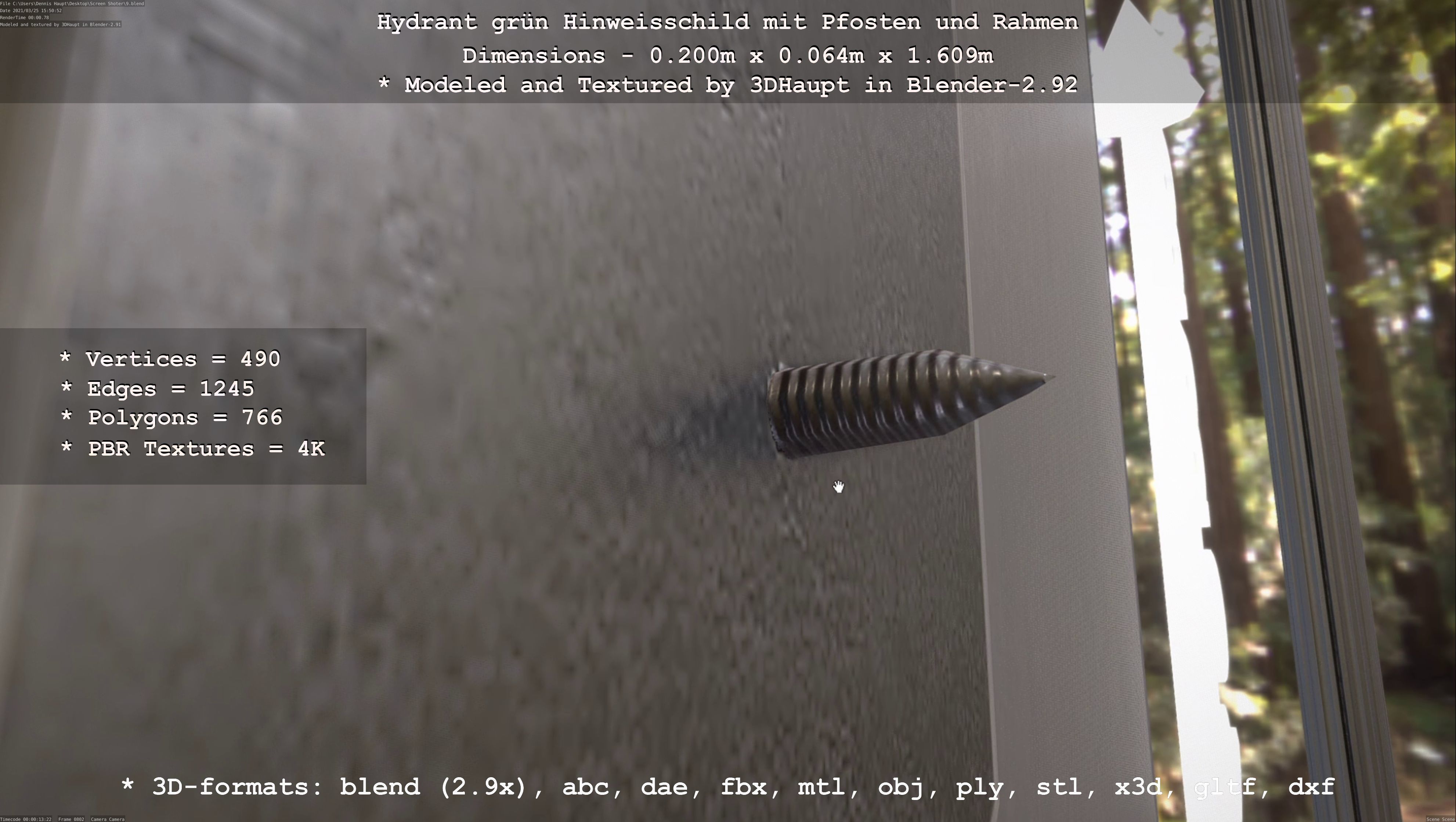 Hinweisschild Hydrant Gruen mit Pfosten und Rahmen Low-poly 3D model_102