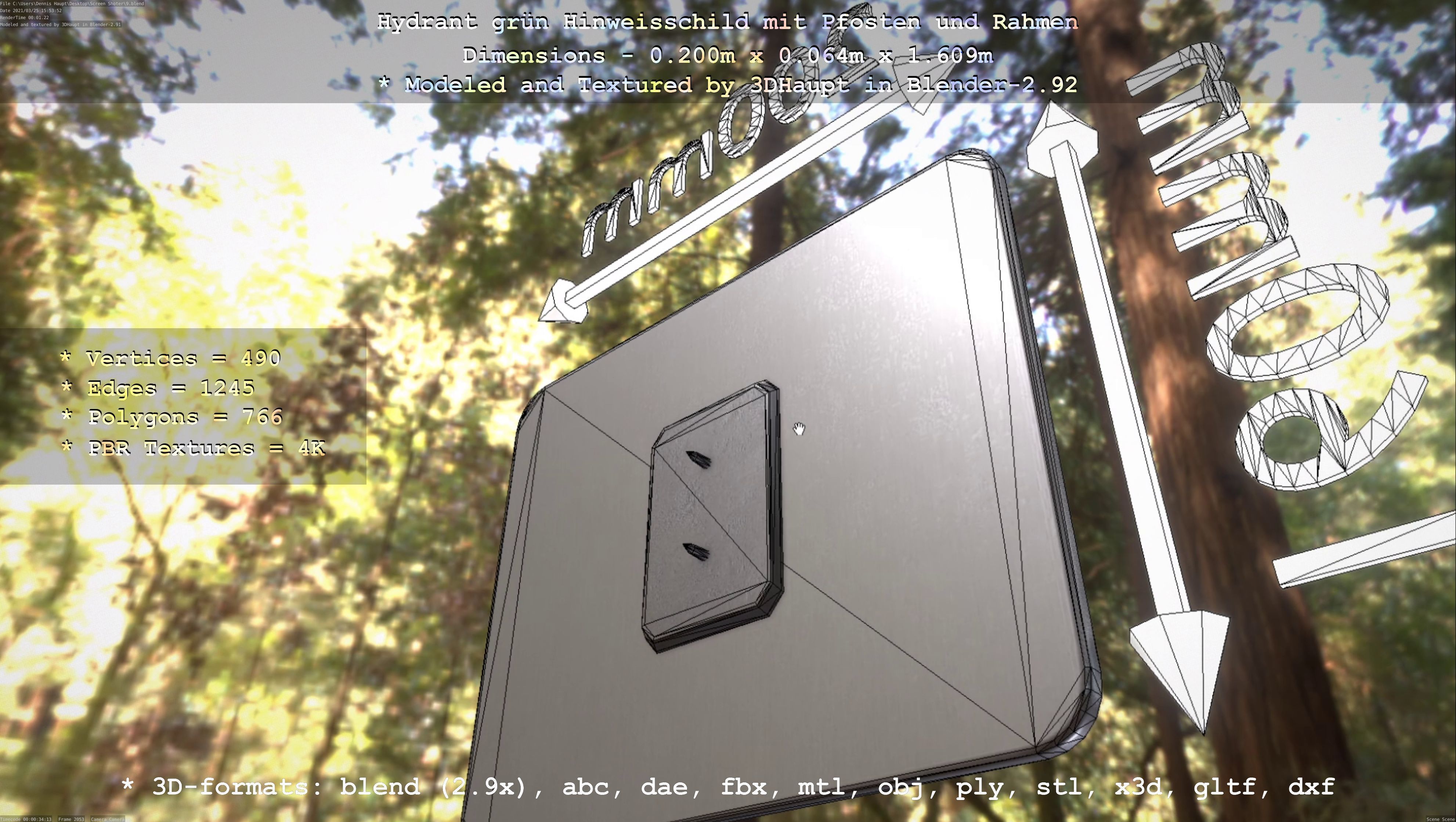 Hinweisschild Hydrant Gruen mit Pfosten und Rahmen Low-poly 3D model_72