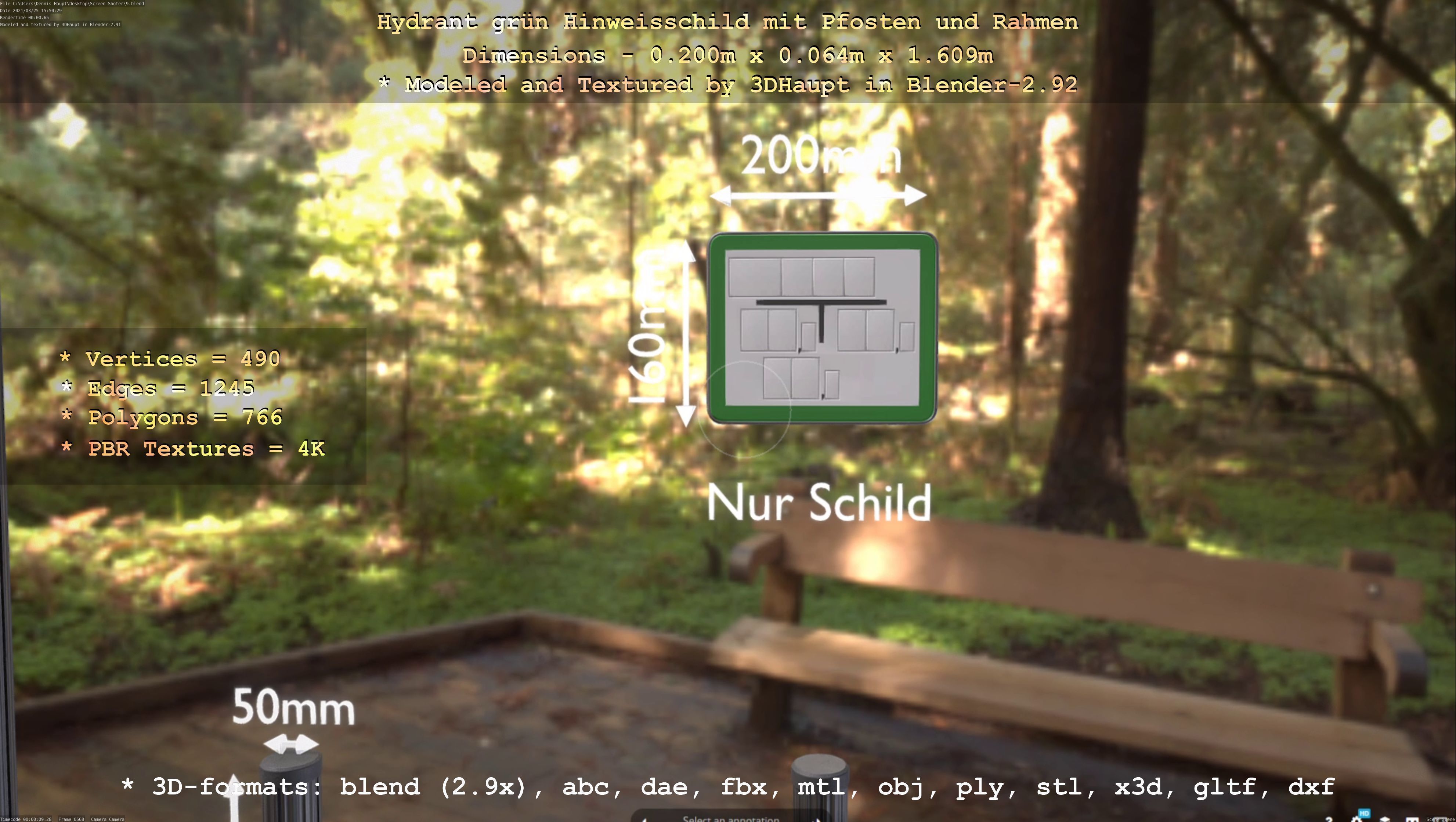 Hinweisschild Hydrant Gruen mit Pfosten und Rahmen Low-poly 3D model_94