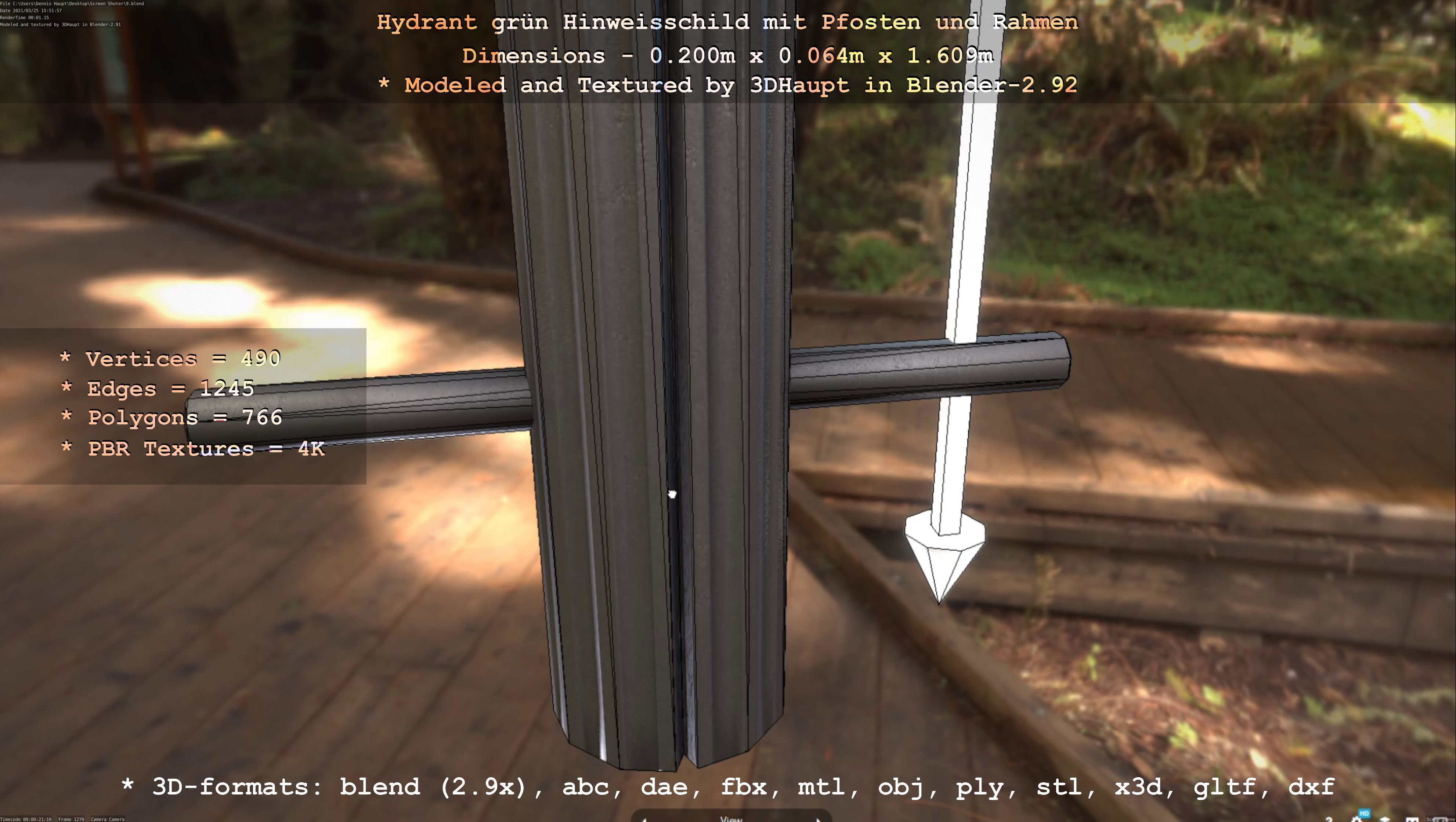 Hinweisschild Hydrant Gruen mit Pfosten und Rahmen Low-poly 3D model_50