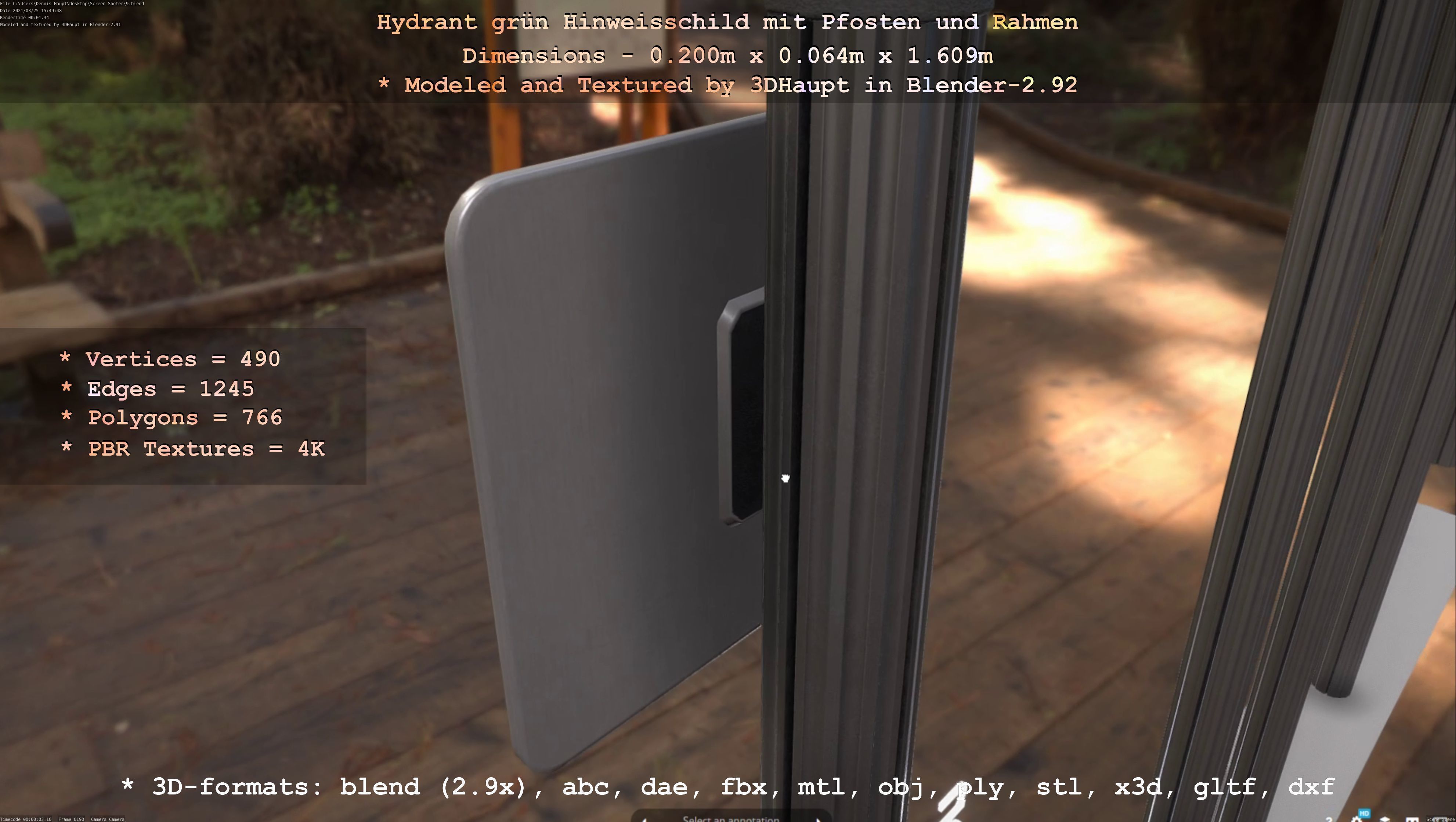 Hinweisschild Hydrant Gruen mit Pfosten und Rahmen Low-poly 3D model_81